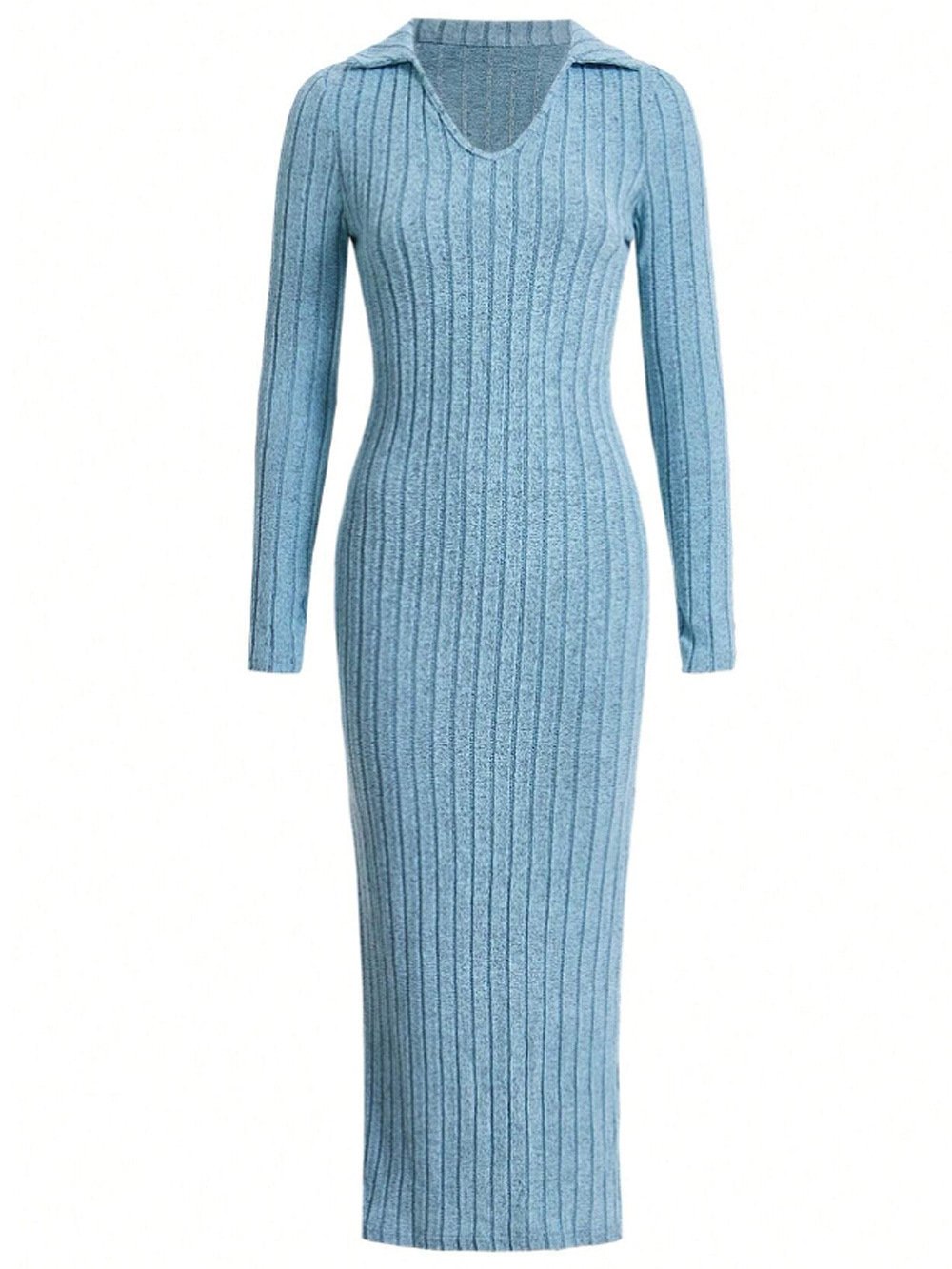 Knitted Fitted Lapel Long Sleeve Ribbed Dress (Buy 2 Free Shipping)