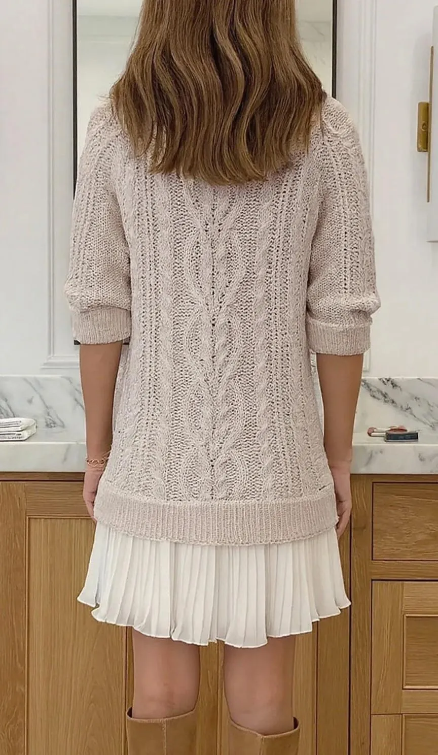 Casual Cable Knit Long Sleeve Pleated Hem Dress (Buy 2 Free Shipping)