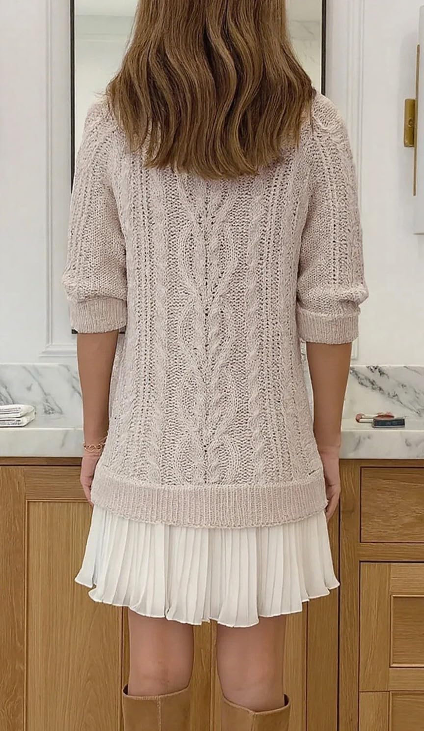 Cable Knit Twofer Mini Dress with Pleated Hem (Buy 2 Free Shipping)