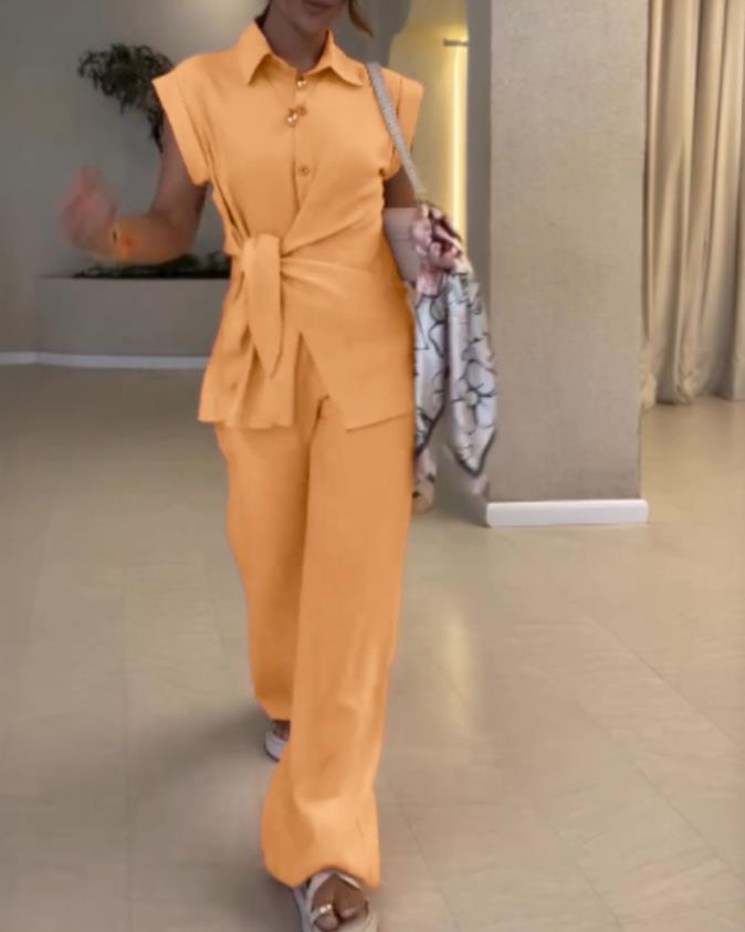 Elegant Tie-Waist Button Sleeveless Wide-Leg Two-Piece Set