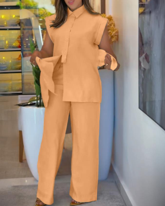 Elegant Tie-Waist Button Sleeveless Wide-Leg Two-Piece Set