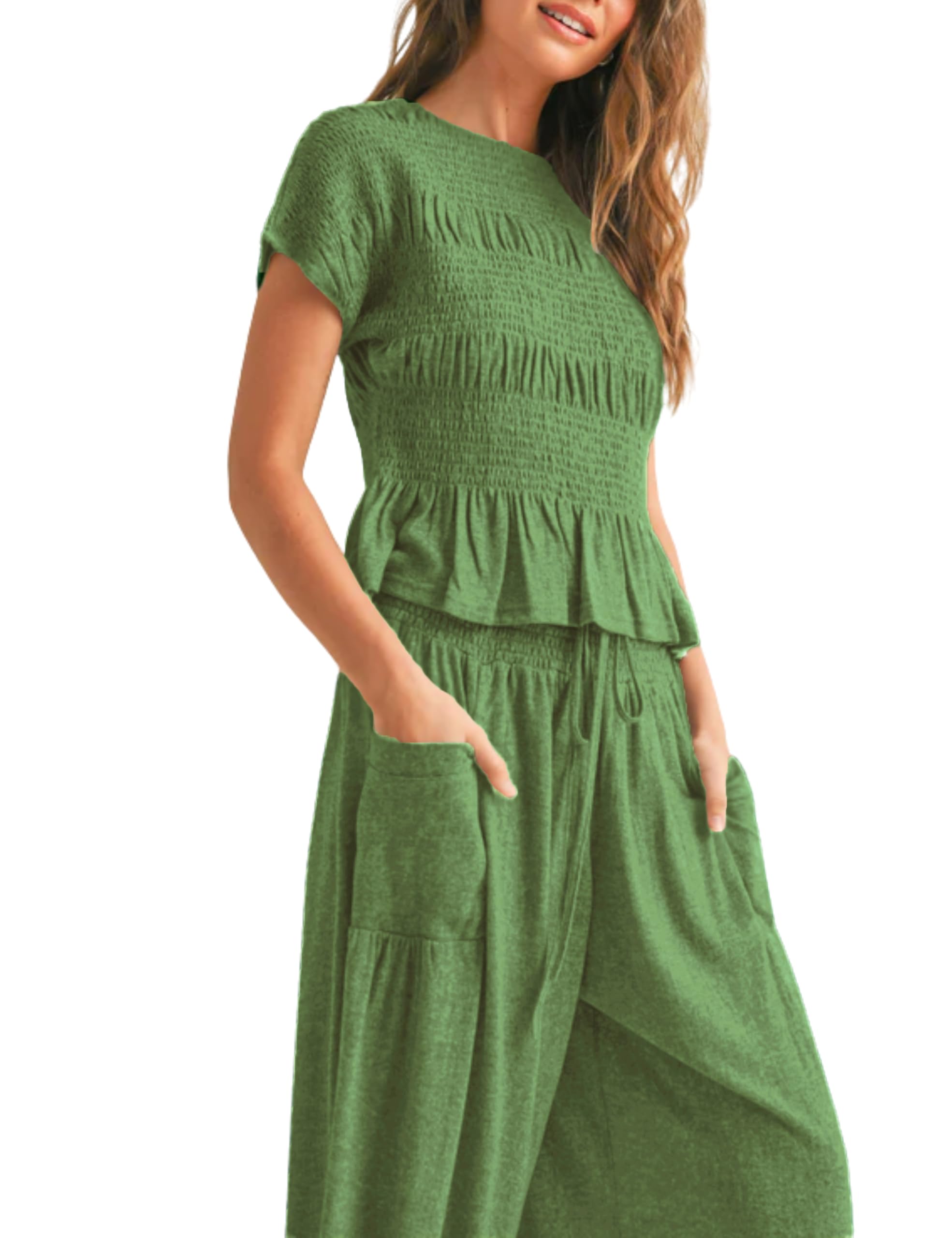 Casual Smocked Peplum Top and Wide-Leg Pants Two Piece Set (Buy 2 Free Shipping)
