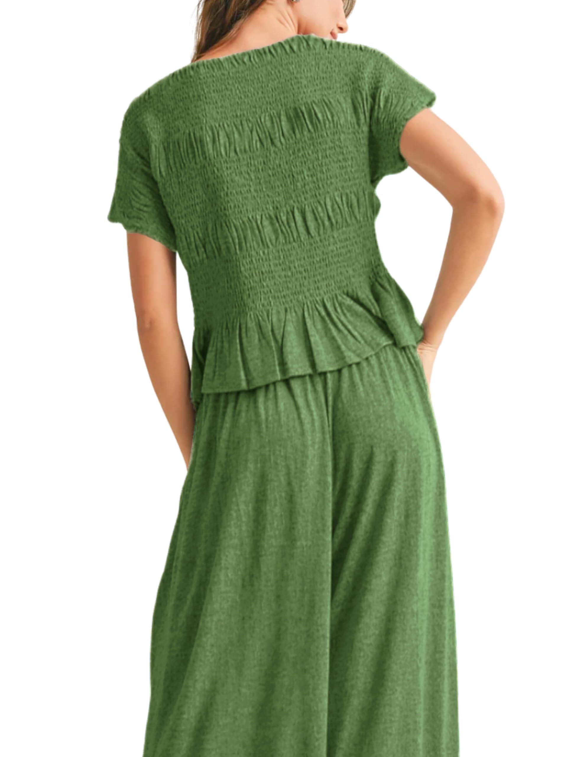 Casual Smocked Peplum Top and Wide-Leg Pants Two Piece Set (Buy 2 Free Shipping)