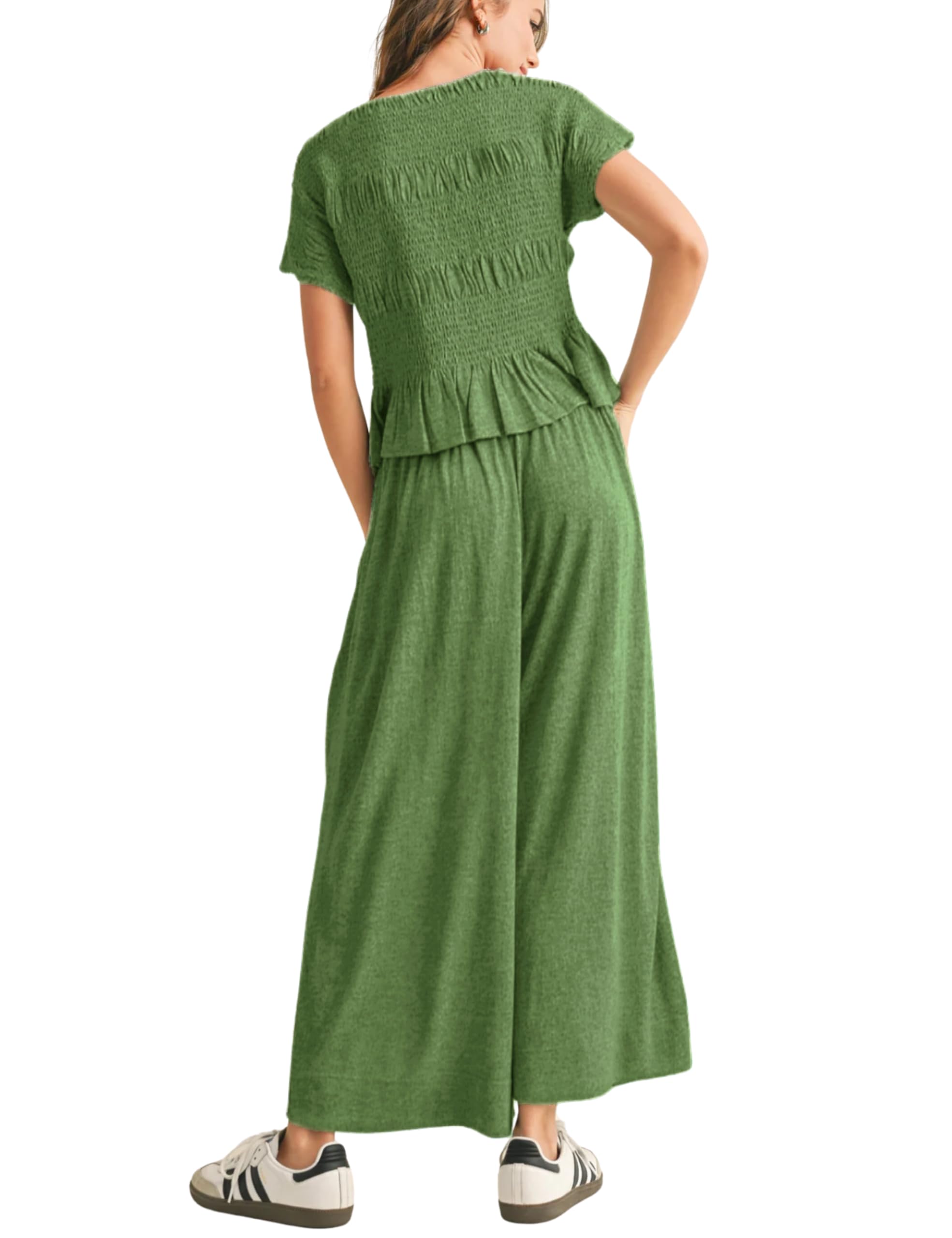 Casual Smocked Peplum Top and Wide-Leg Pants Two Piece Set (Buy 2 Free Shipping)