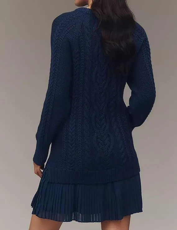 Casual Cable Knit Long Sleeve Pleated Hem Dress (Buy 2 Free Shipping)