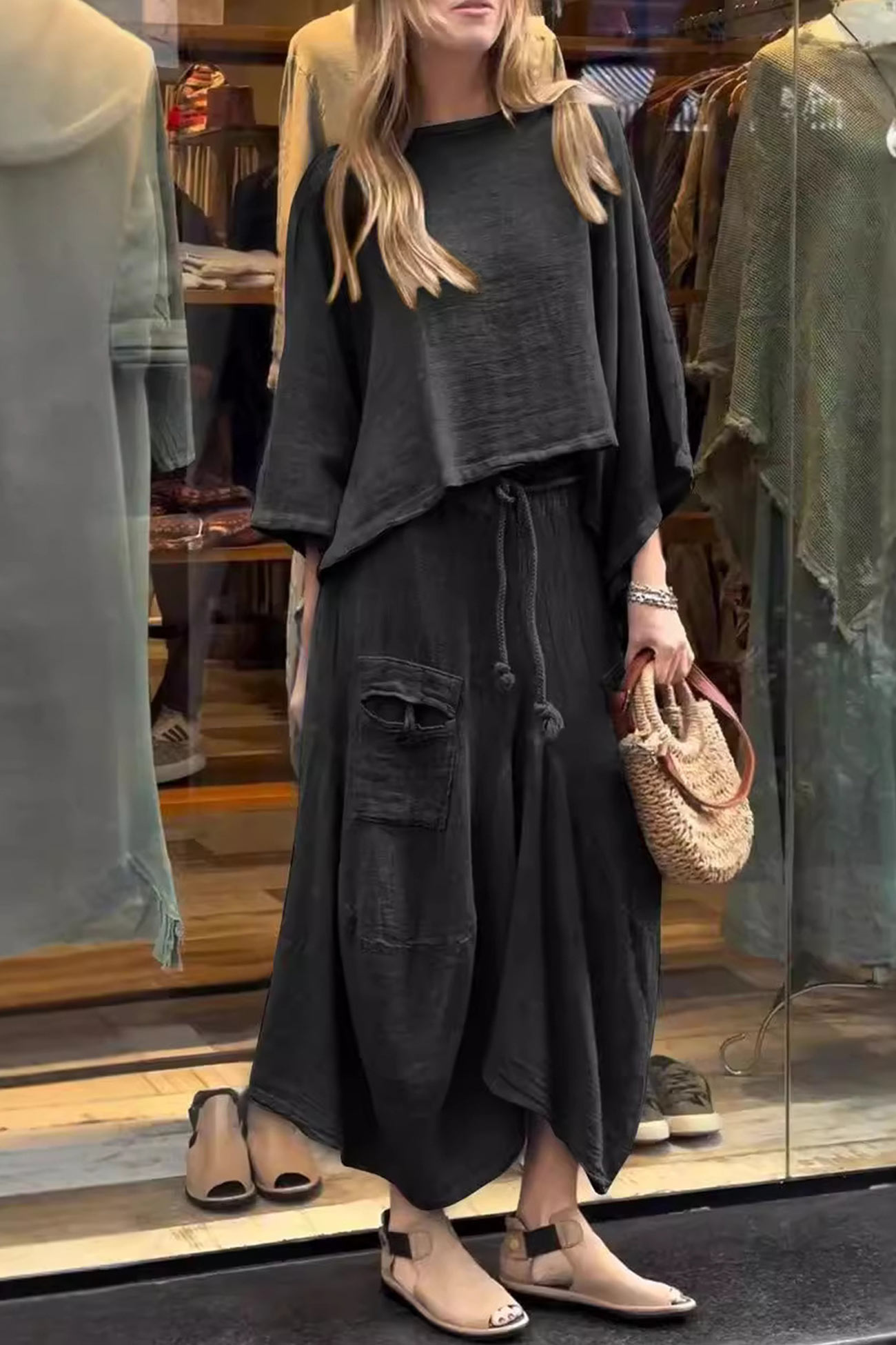 Relaxed Textured Two-Piece Set – Slouchy Top & Cropped Pants (Buy 2 Free Shipping)