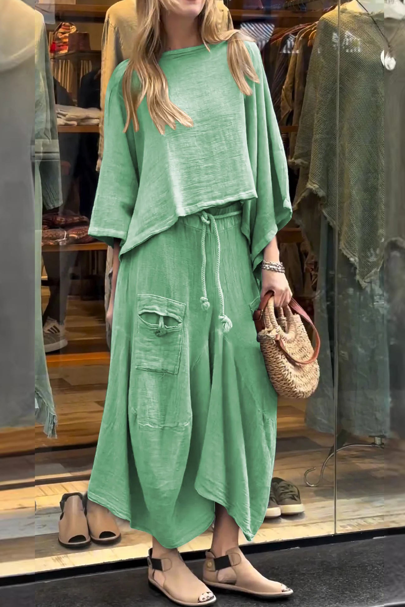 Relaxed Textured Two-Piece Set – Slouchy Top & Cropped Pants (Buy 2 Free Shipping)