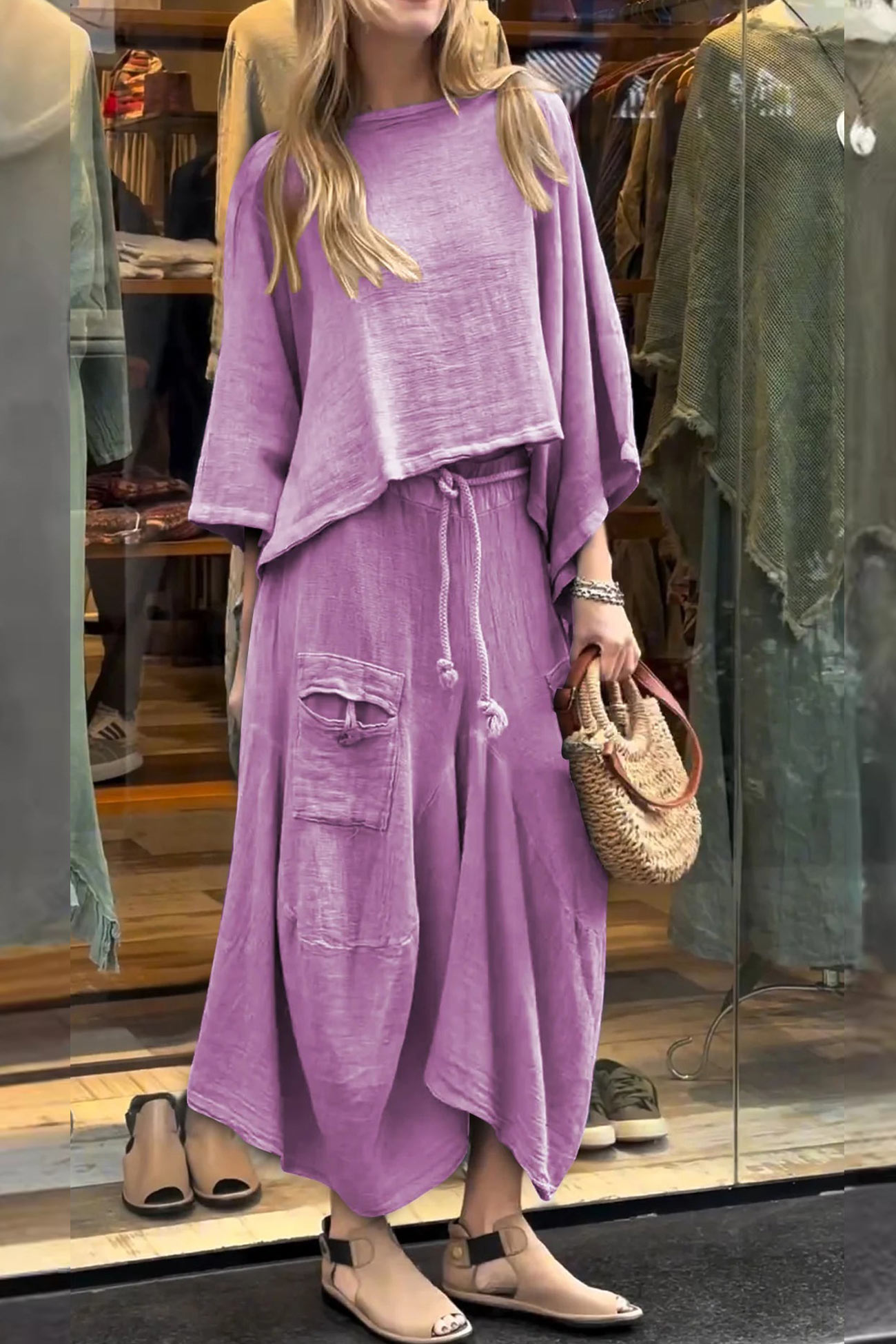 Relaxed Textured Two-Piece Set – Slouchy Top & Cropped Pants (Buy 2 Free Shipping)