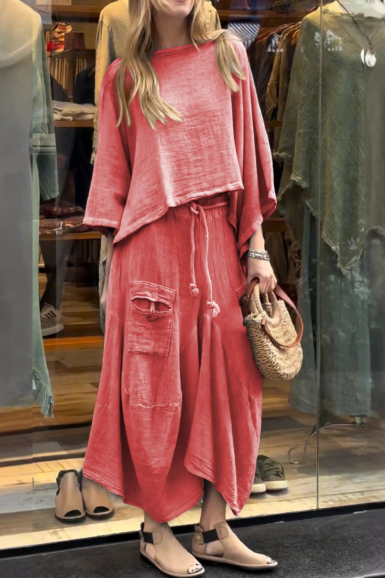 Relaxed Textured Two-Piece Set – Slouchy Top & Cropped Pants (Buy 2 Free Shipping)