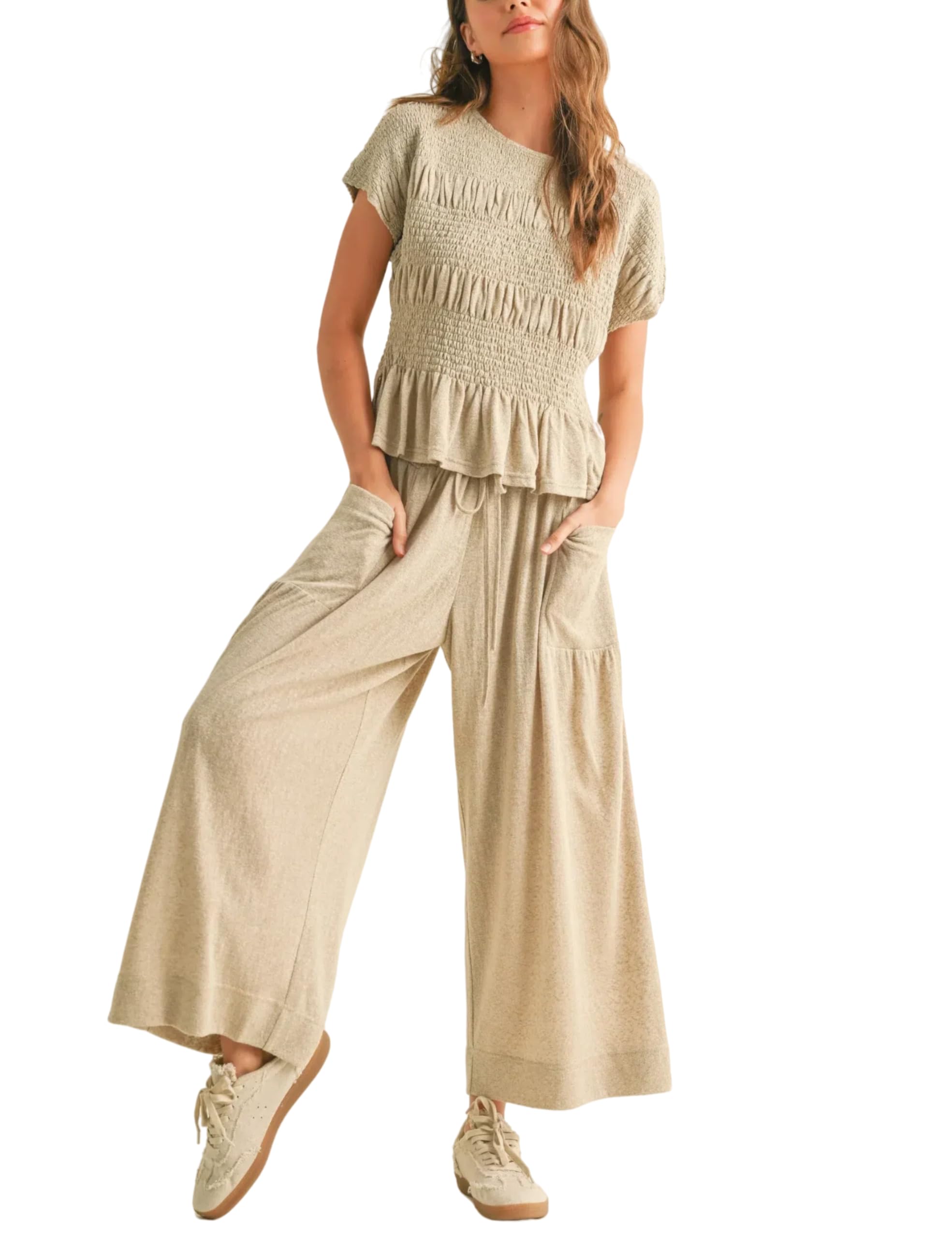 Casual Smocked Peplum Top and Wide-Leg Pants Two Piece Set (Buy 2 Free Shipping)