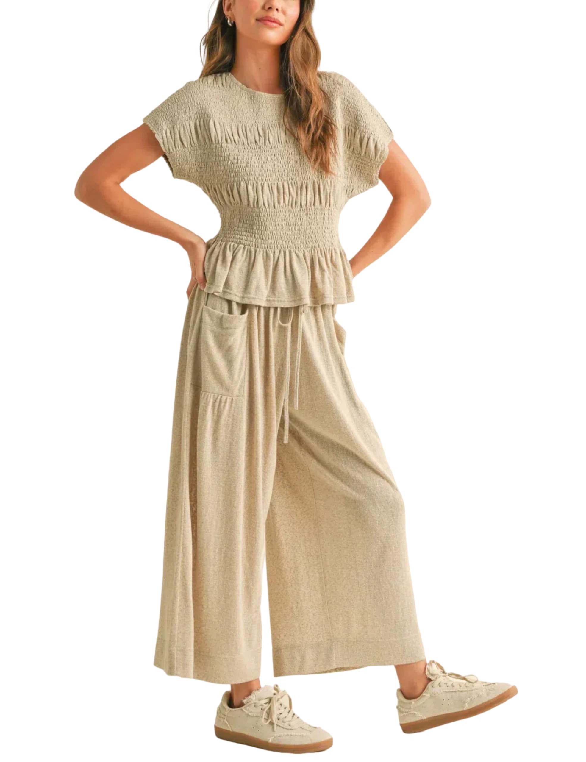 Casual Smocked Peplum Top and Wide-Leg Pants Two Piece Set (Buy 2 Free Shipping)