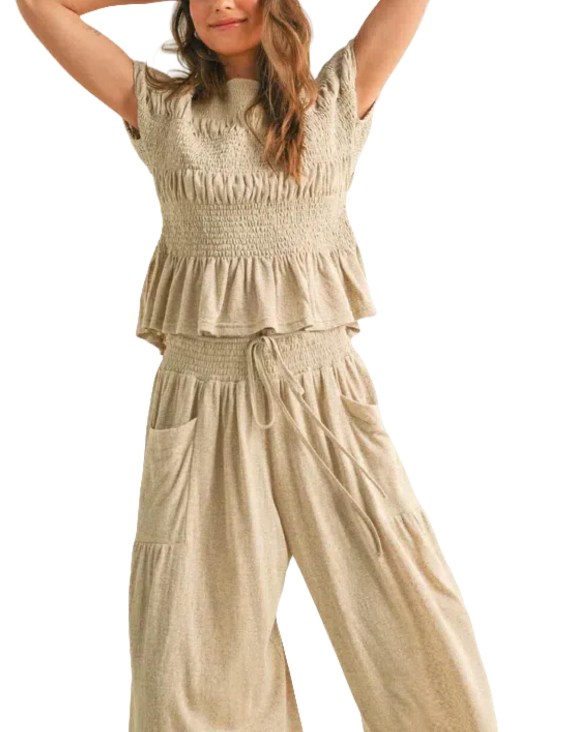 Casual Smocked Peplum Top and Wide-Leg Pants Two Piece Set (Buy 2 Free Shipping)