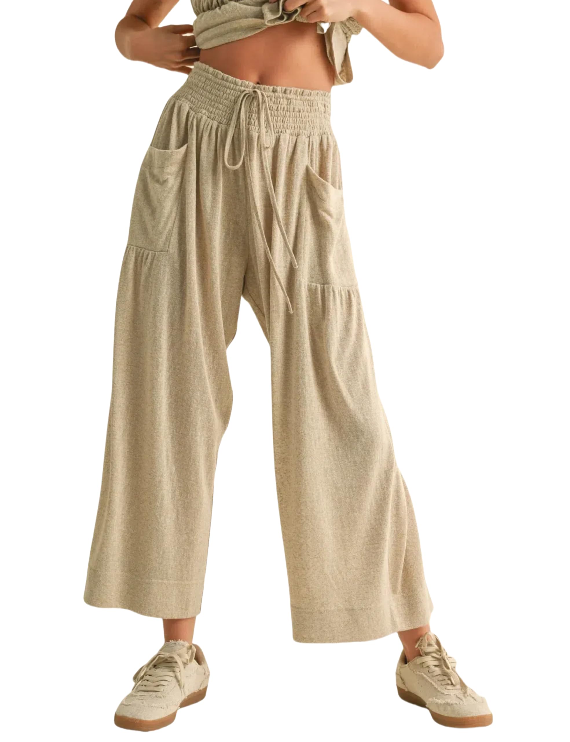 Casual Smocked Peplum Top and Wide-Leg Pants Two Piece Set (Buy 2 Free Shipping)