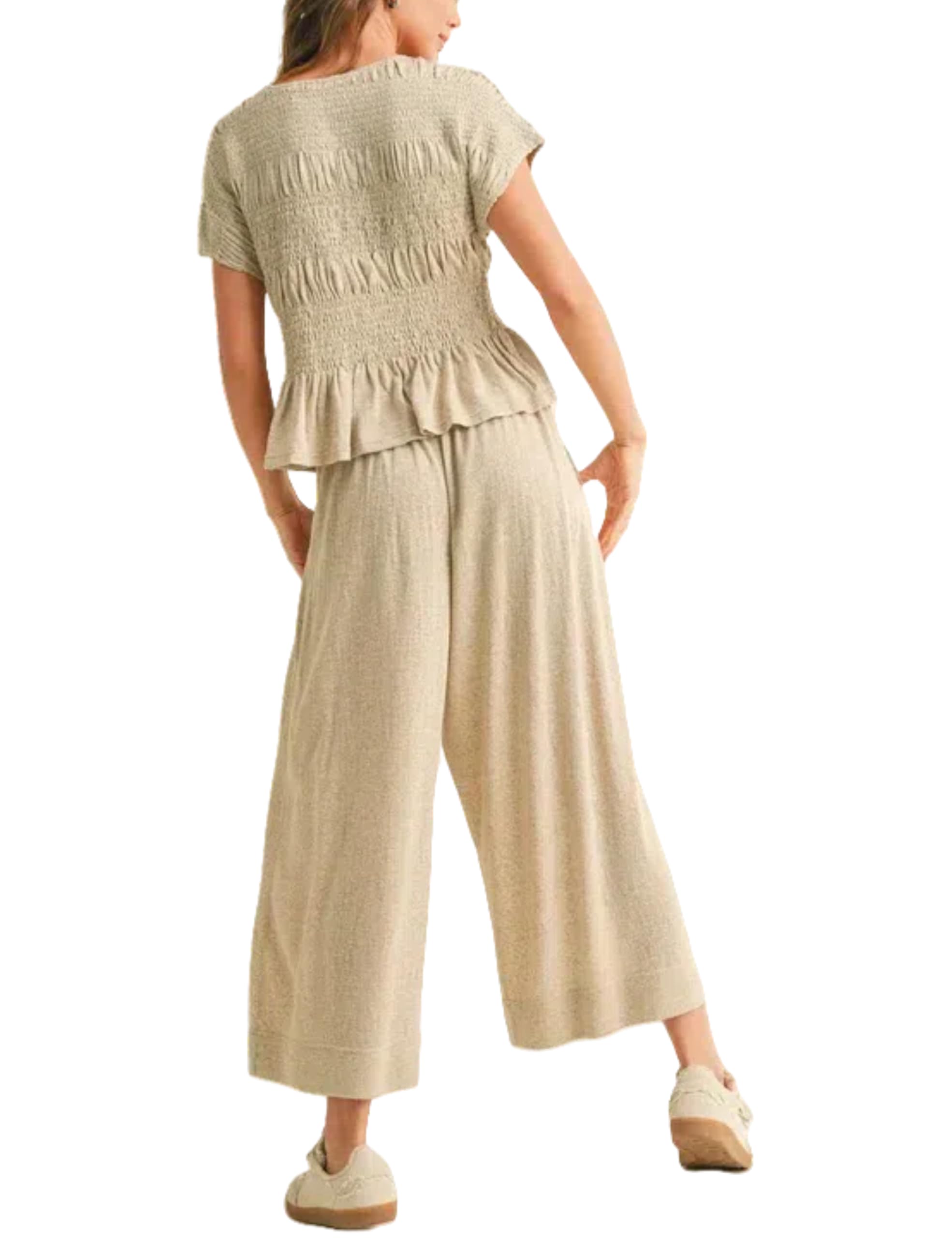 Casual Smocked Peplum Top and Wide-Leg Pants Two Piece Set (Buy 2 Free Shipping)