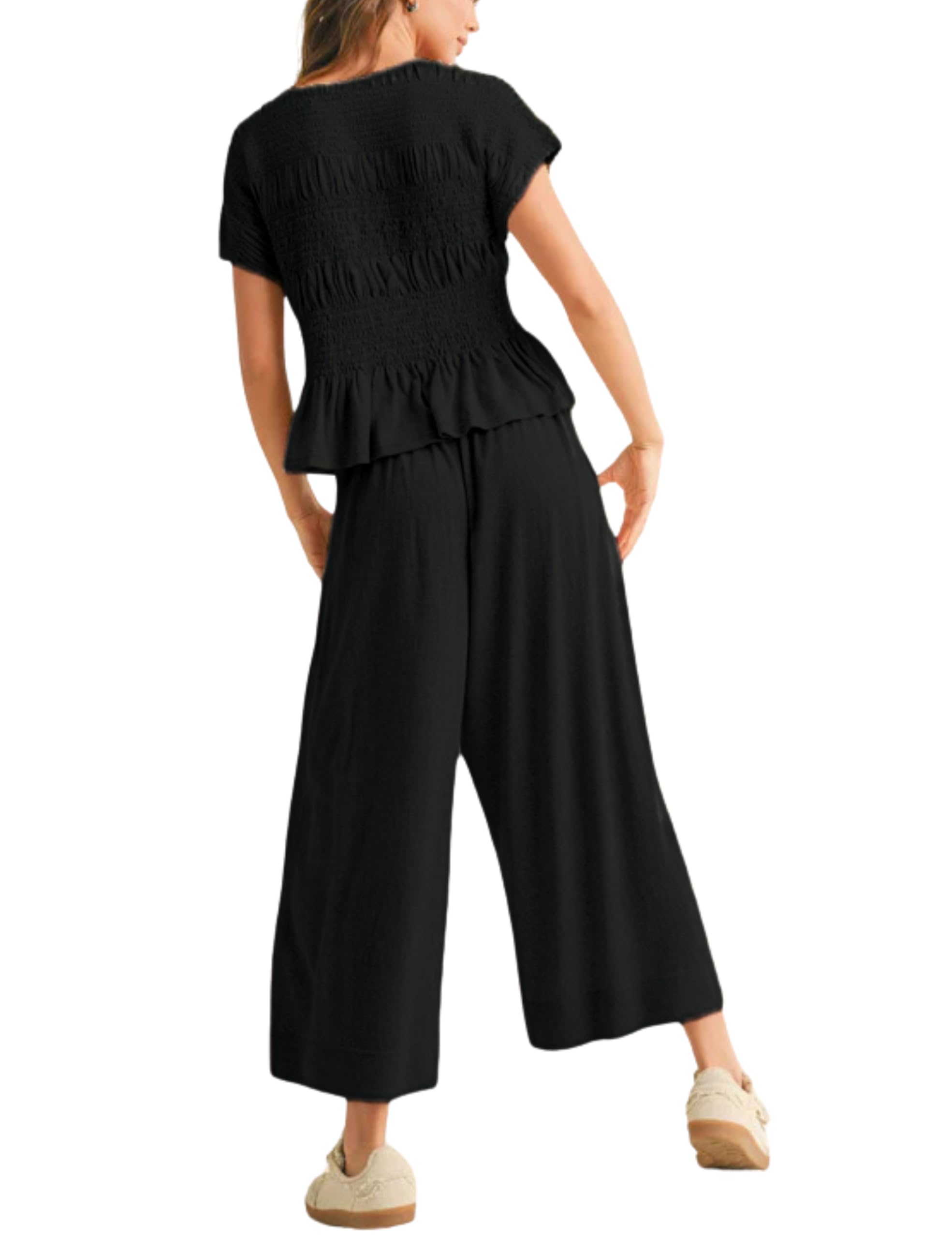 Casual Smocked Peplum Top and Wide-Leg Pants Two Piece Set (Buy 2 Free Shipping)