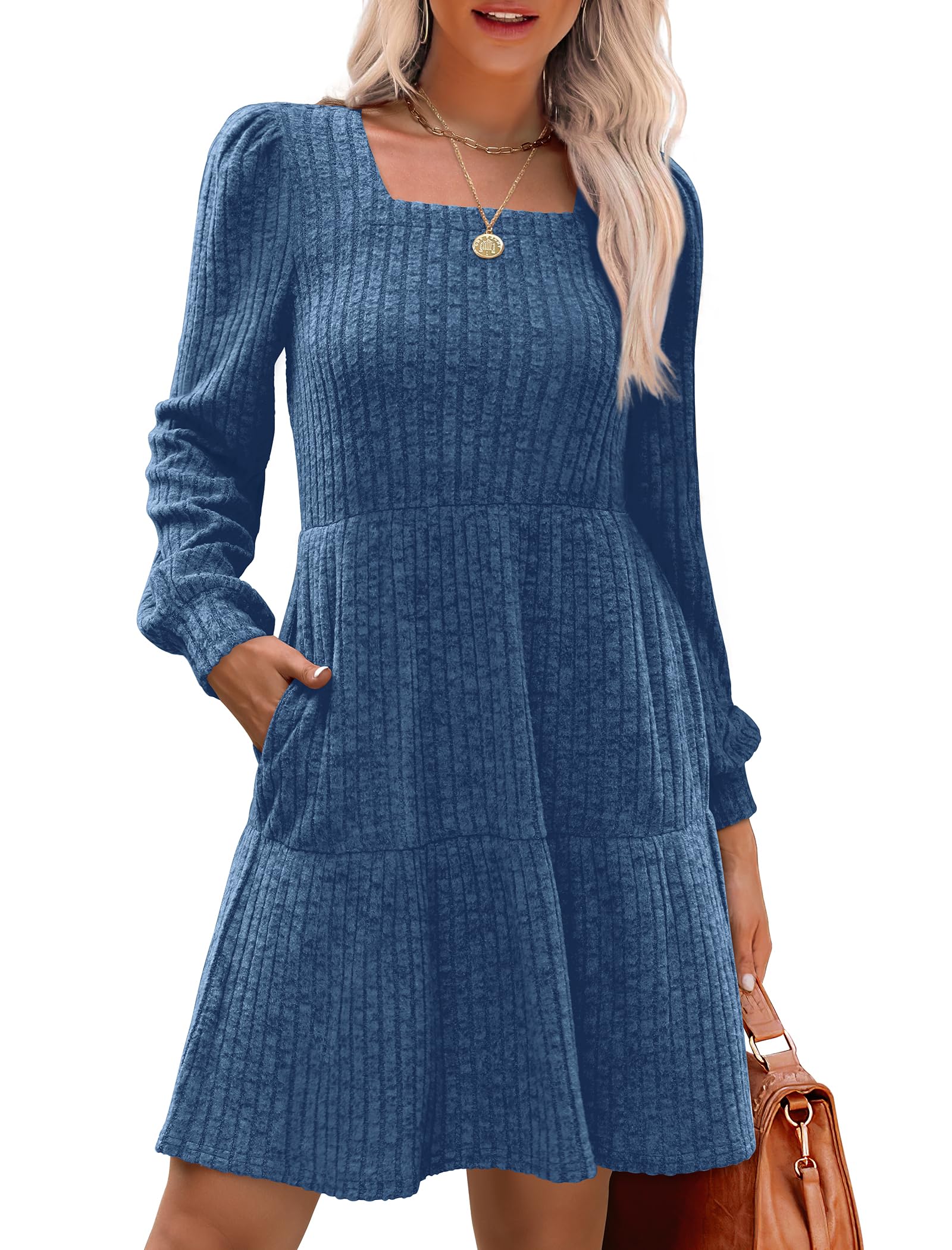 Limited time sale🔥Women's Square Neck Lantern Sleeve Ribbed Dress(Buy 2 Free Shipping)