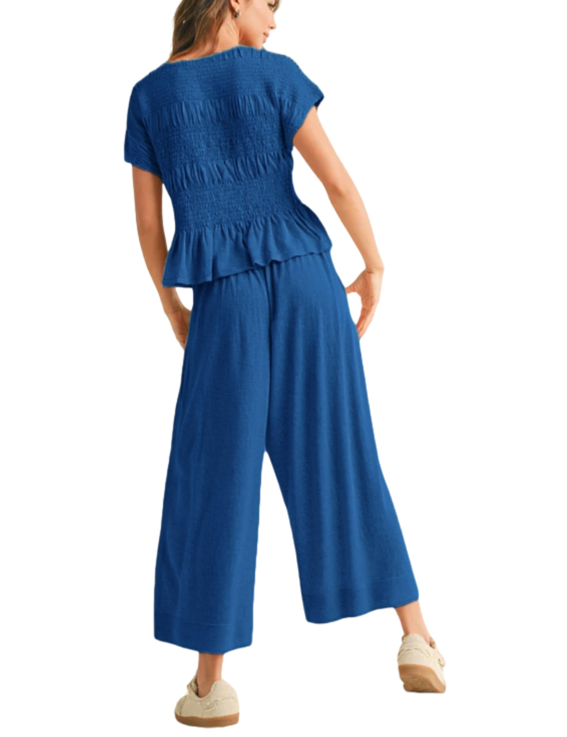 Casual Smocked Peplum Top and Wide-Leg Pants Two Piece Set (Buy 2 Free Shipping)
