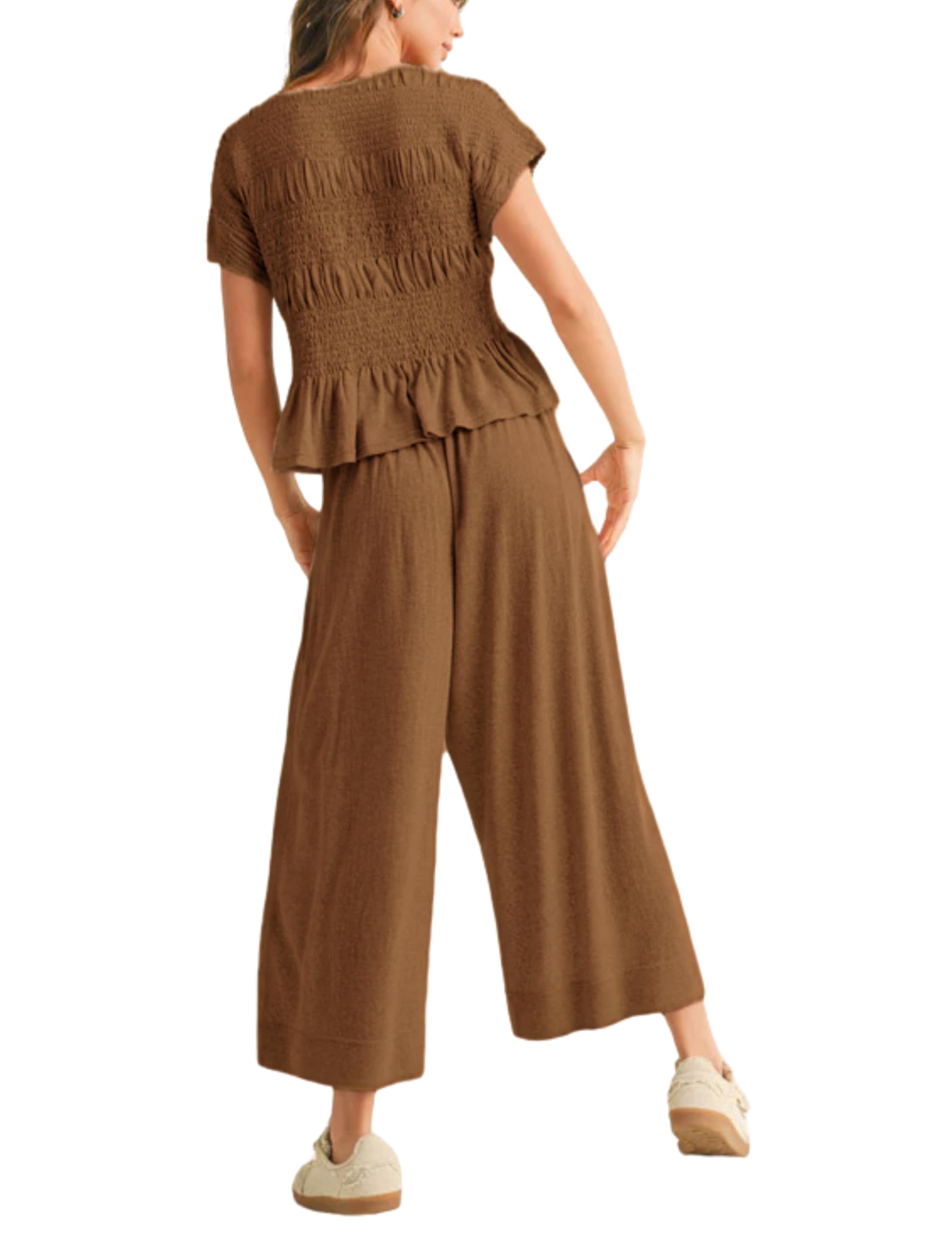 Casual Smocked Peplum Top and Wide-Leg Pants Two Piece Set (Buy 2 Free Shipping)