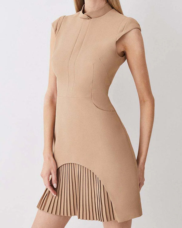 O Neck Chic Pleated Mini Dress
