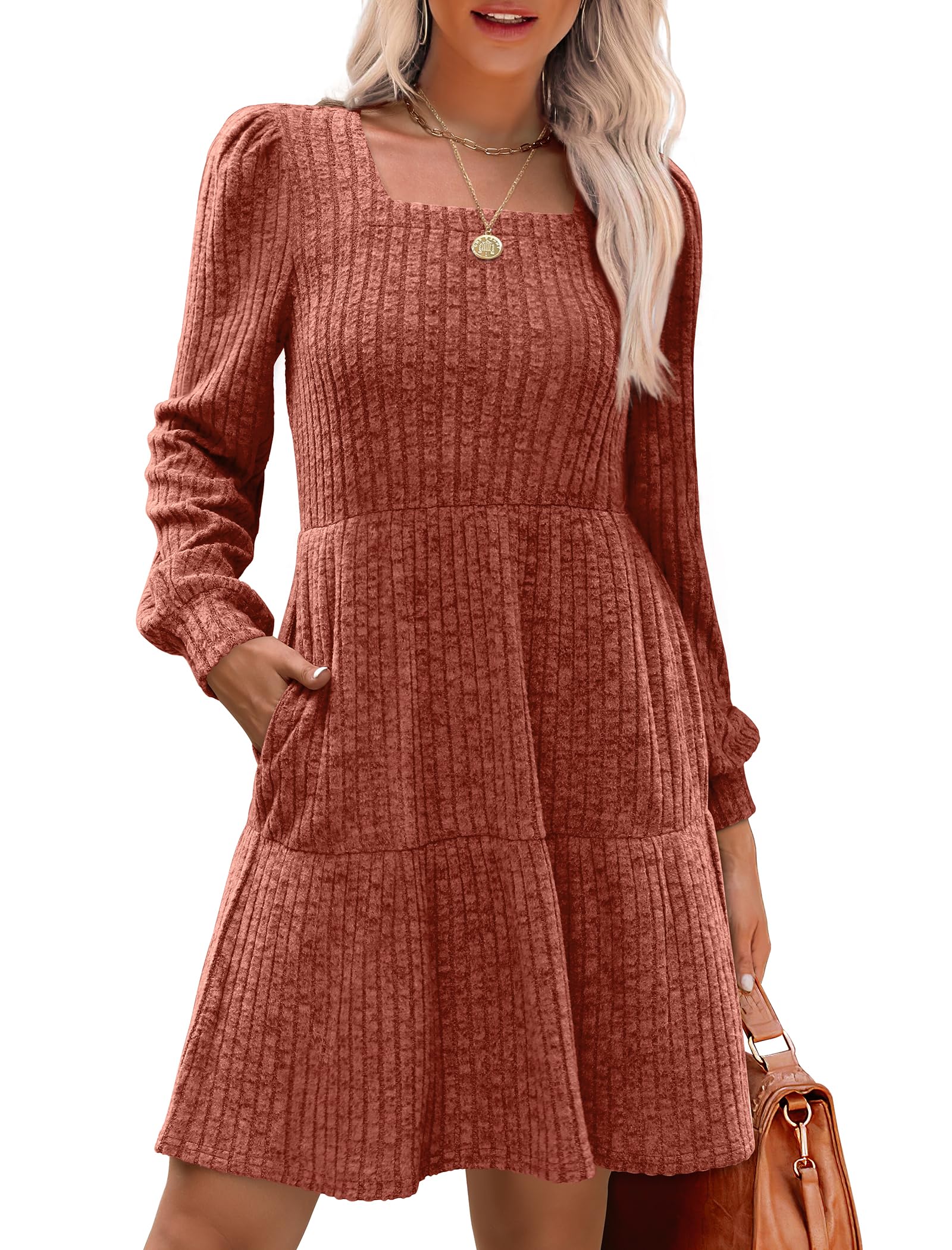Limited time sale🔥Women's Square Neck Lantern Sleeve Ribbed Dress(Buy 2 Free Shipping)