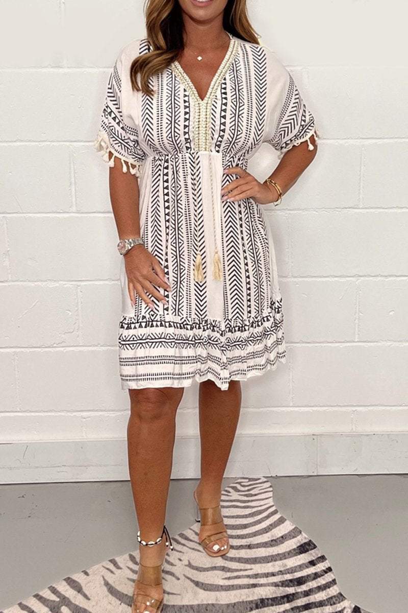 Boho Tribal Print Tassel Trim Loose Fit Dress (Buy 2 Free Shipping)