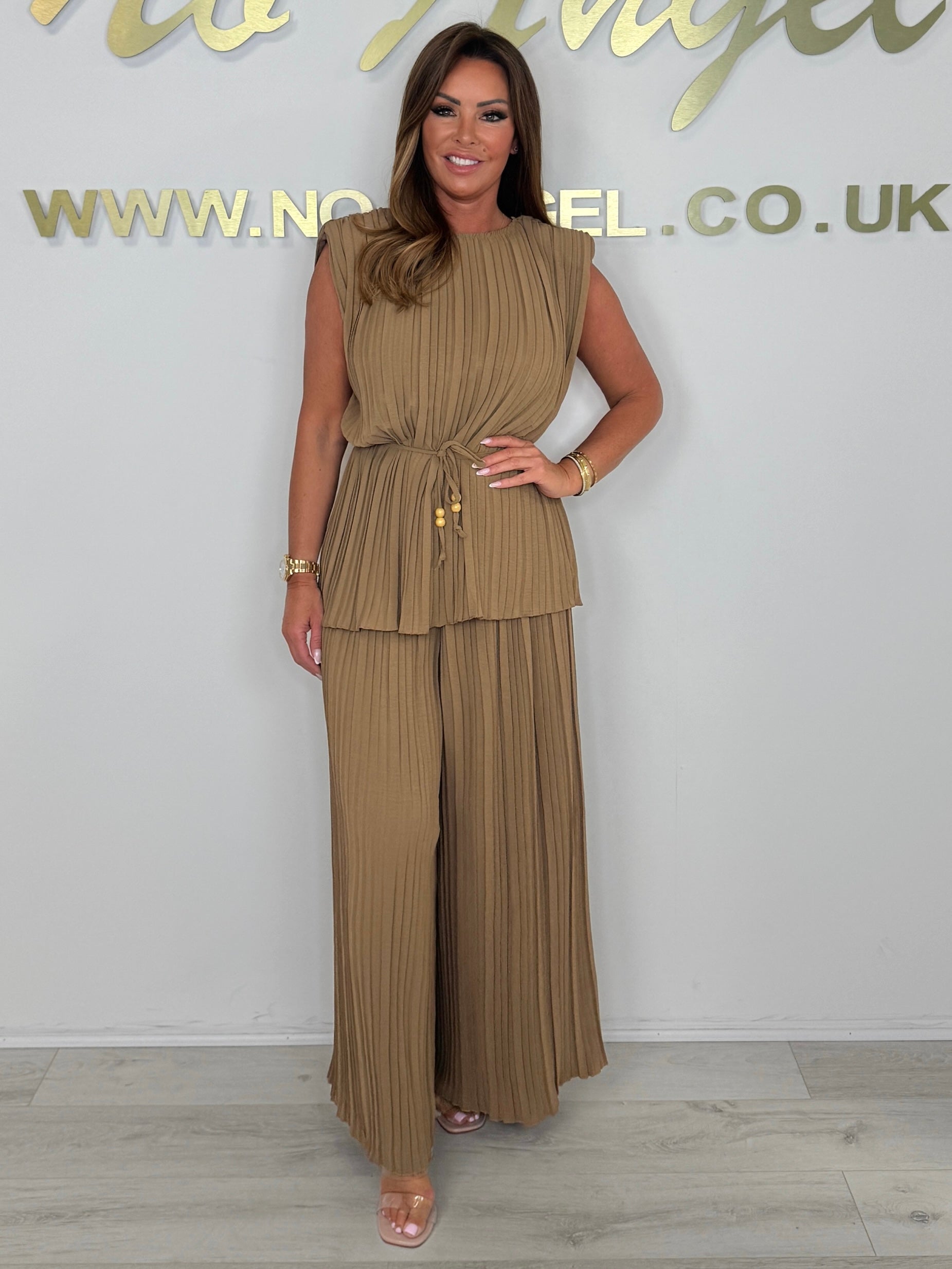 Pleated Tie Waist Top & Trouser Two Piece Set (Buy 2 Free Shipping)