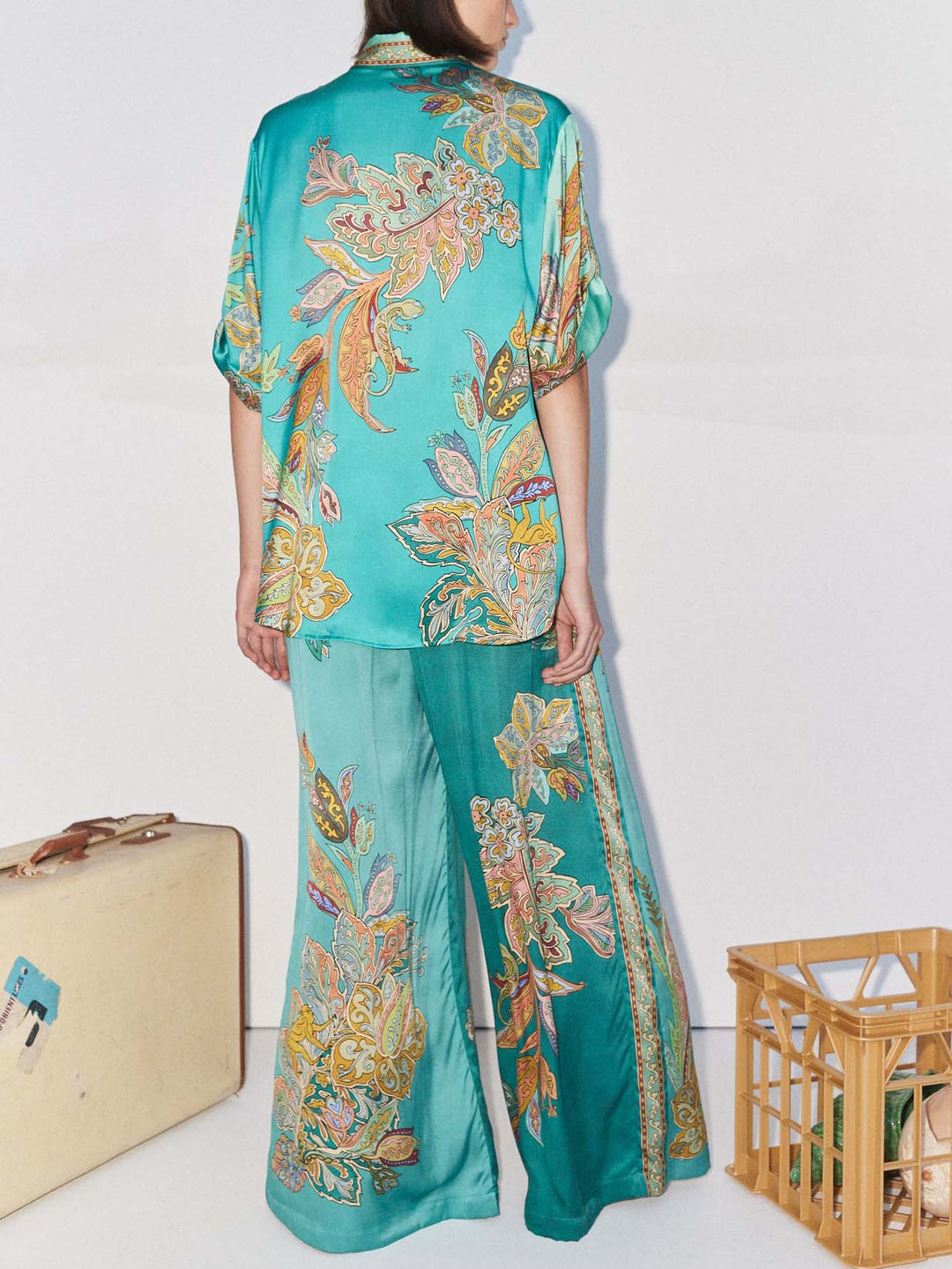 Exquisite Satin Botanical Print Loose Two-Piece Set (Buy 2 Free Shipping)