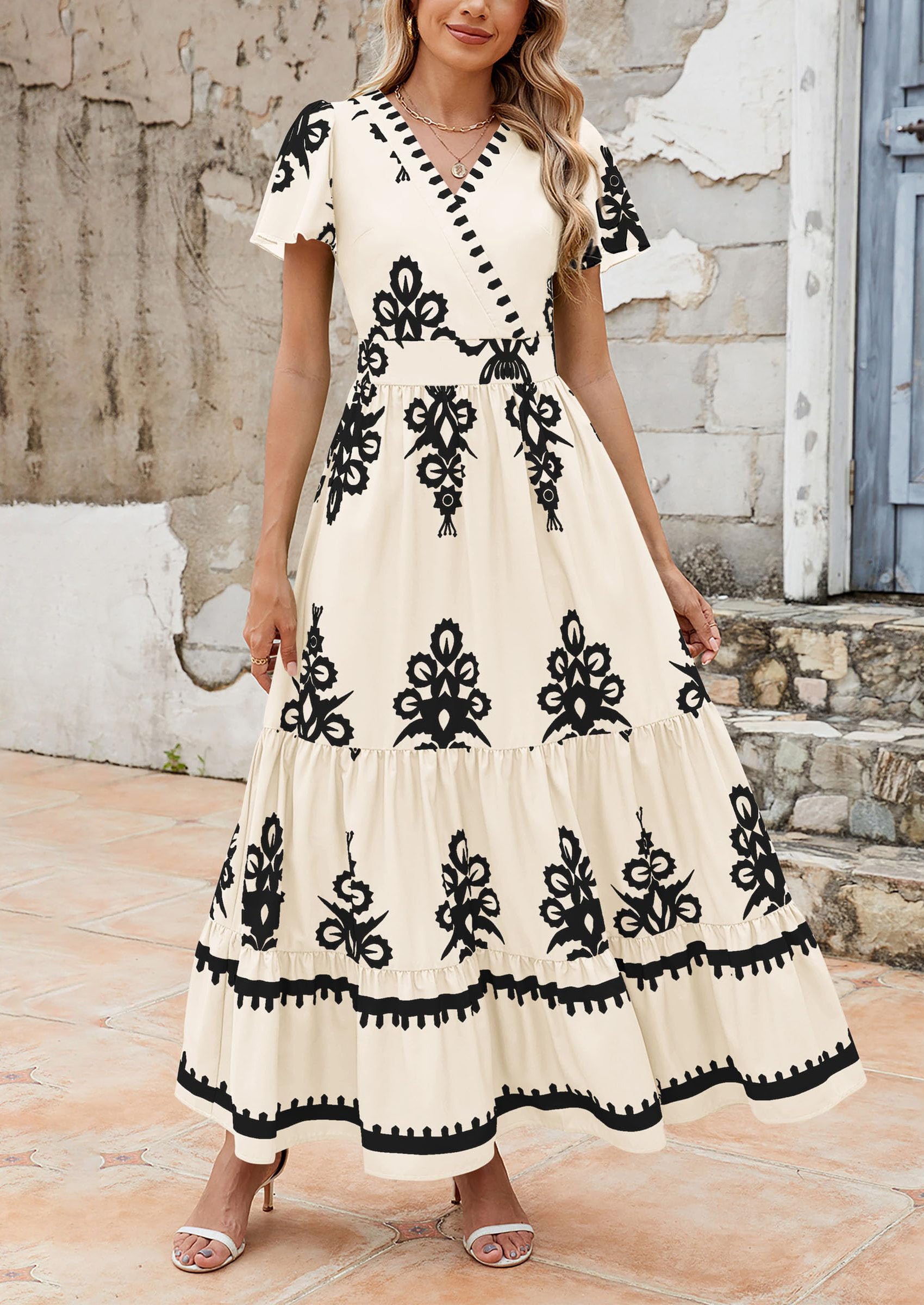 Floral Casual V neck Bohemian Maxi Dress with Pocket