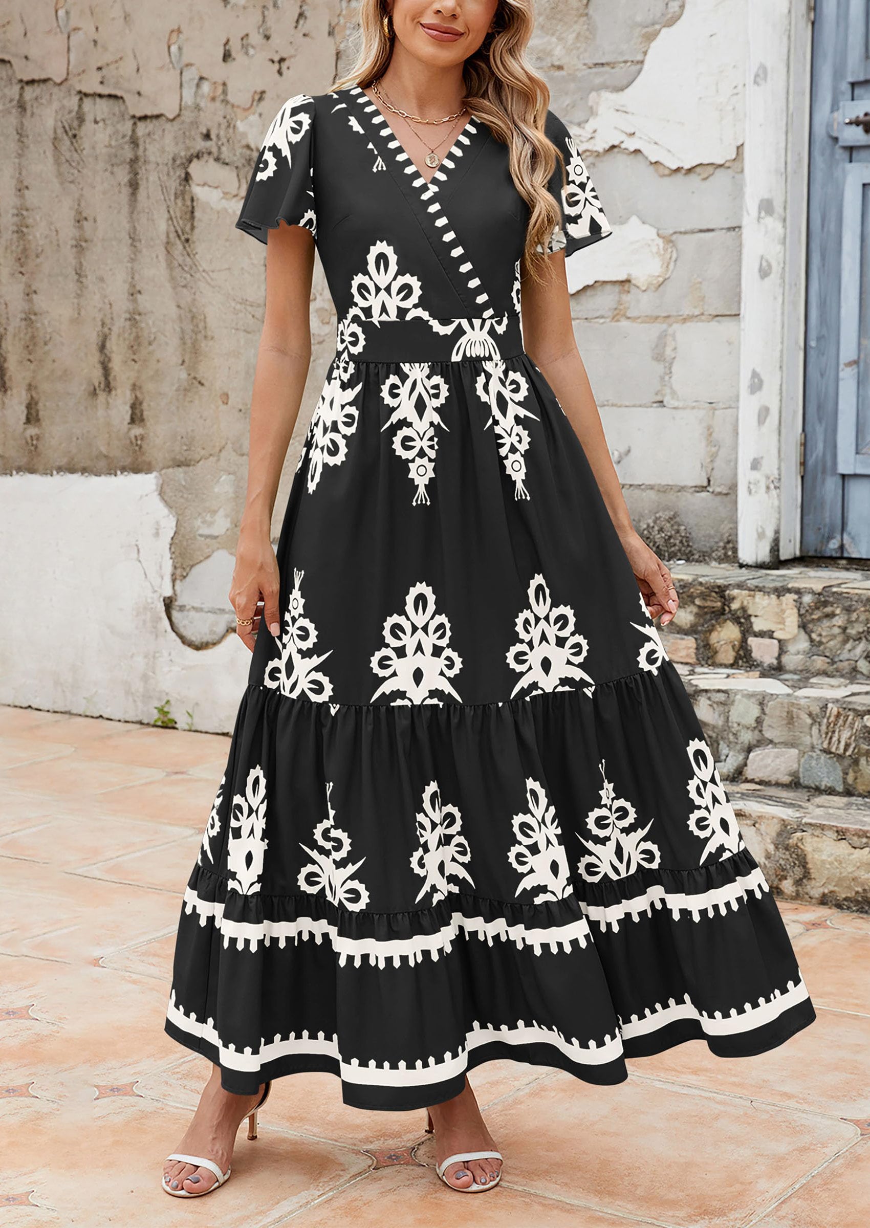 Floral Casual V neck Bohemian Maxi Dress with Pocket