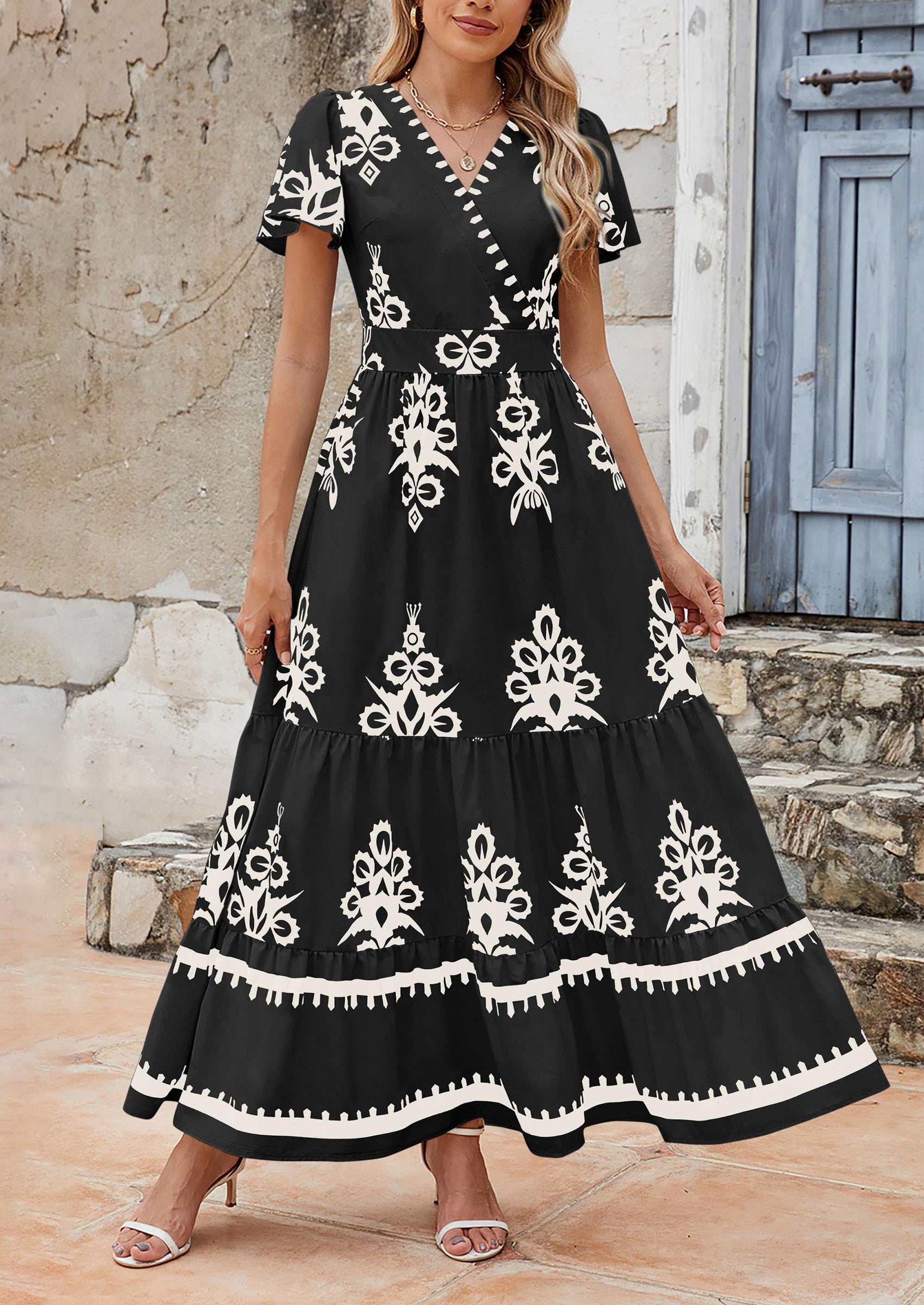 Floral Casual V neck Bohemian Maxi Dress with Pocket