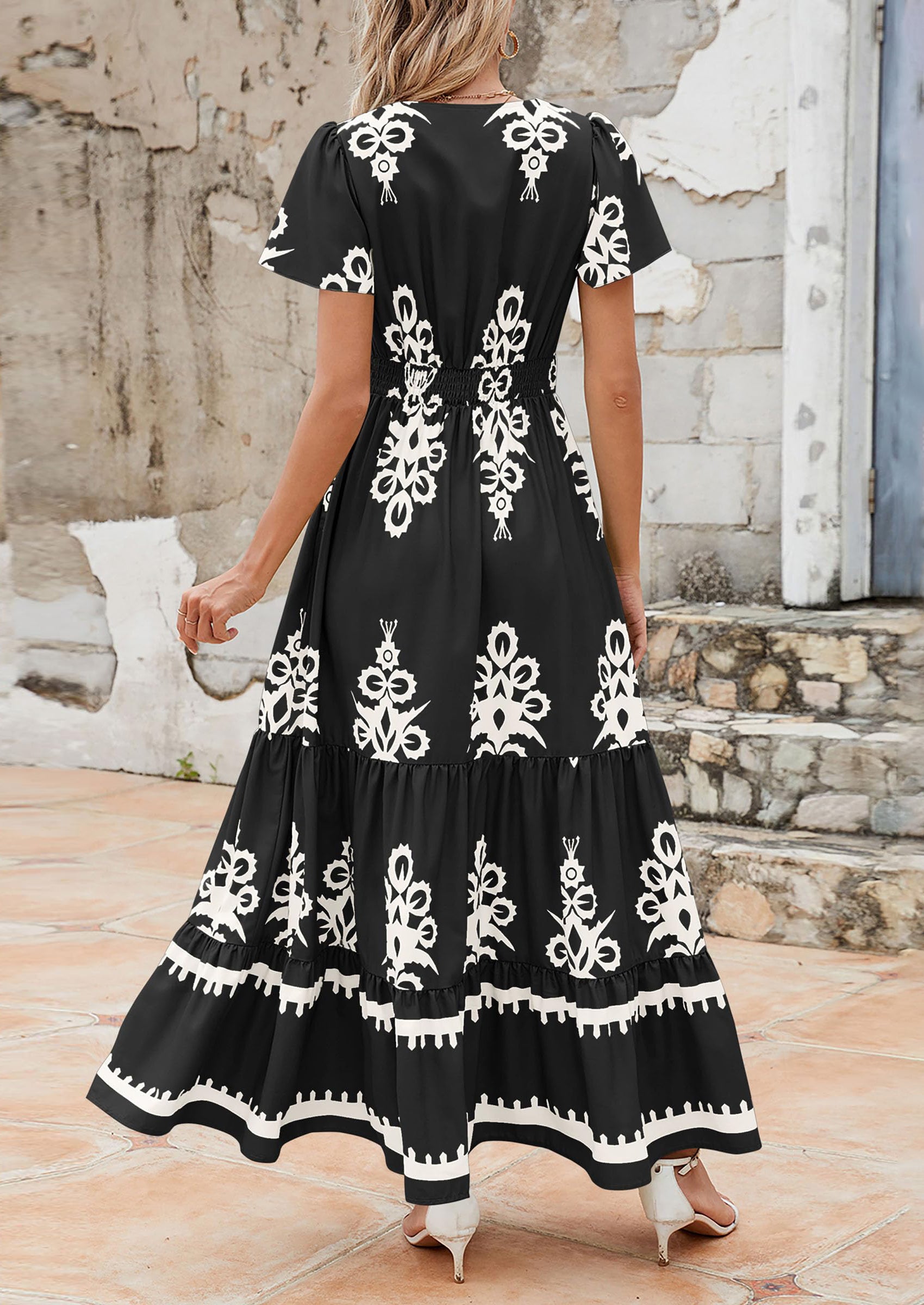 Floral Casual V neck Bohemian Maxi Dress with Pocket