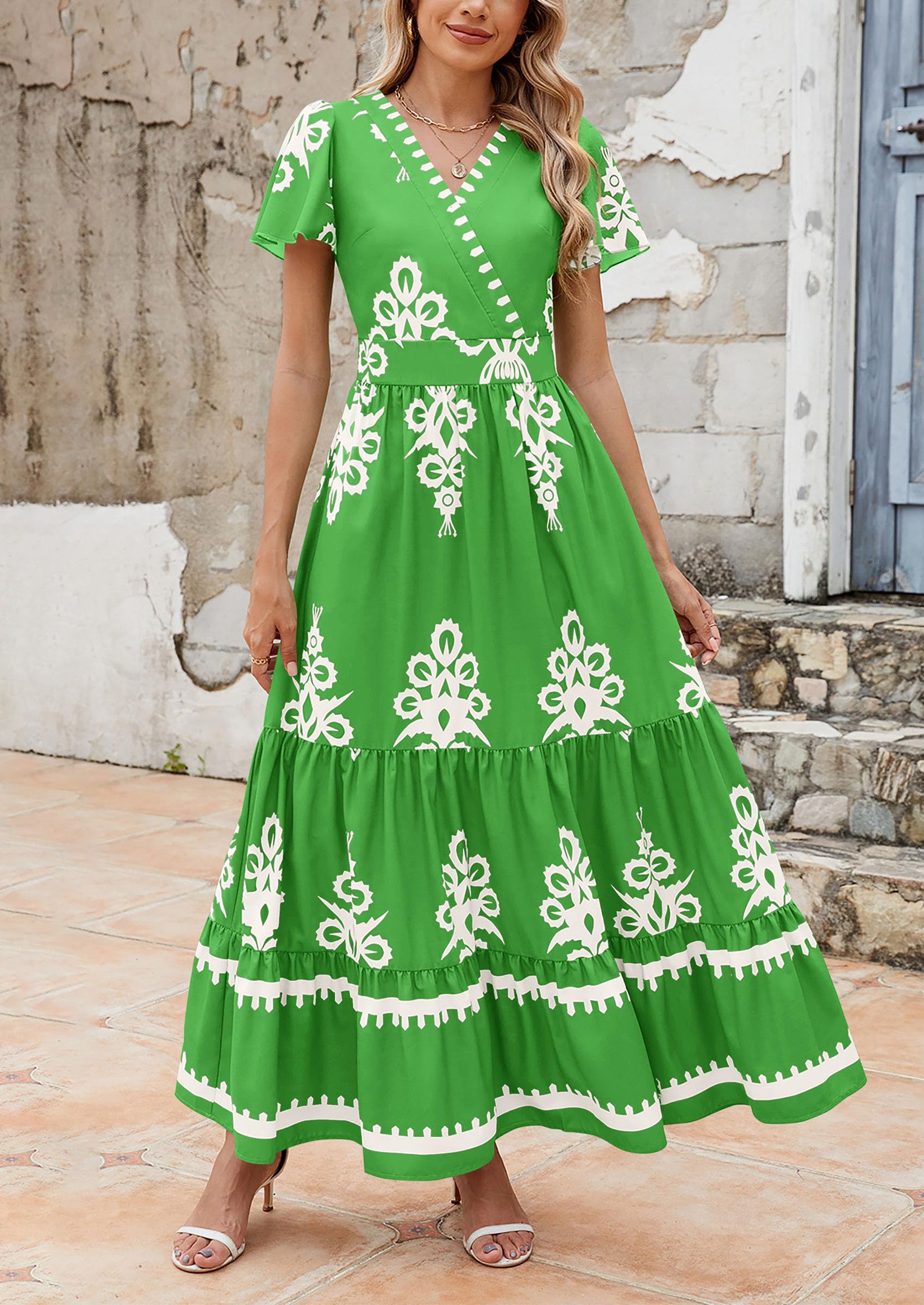 Floral Casual V neck Bohemian Maxi Dress with Pocket