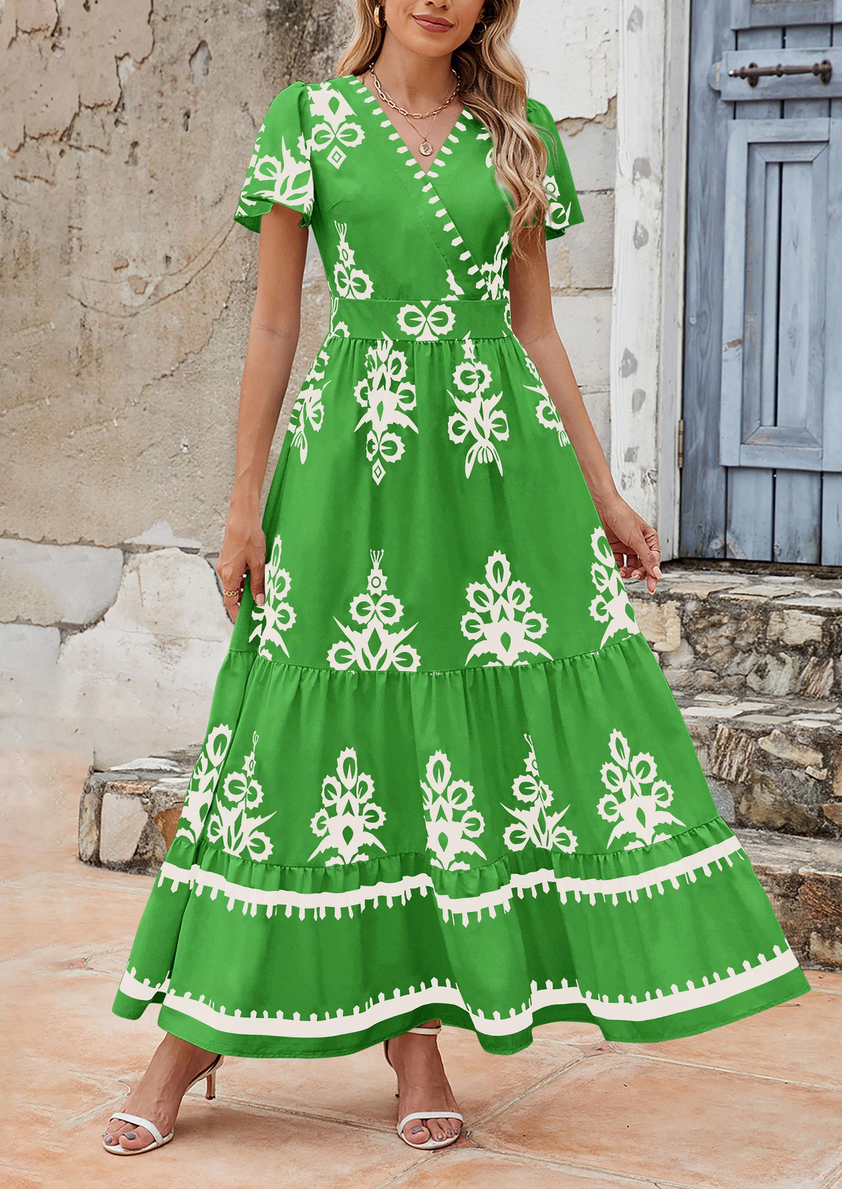 Floral Casual V neck Bohemian Maxi Dress with Pocket