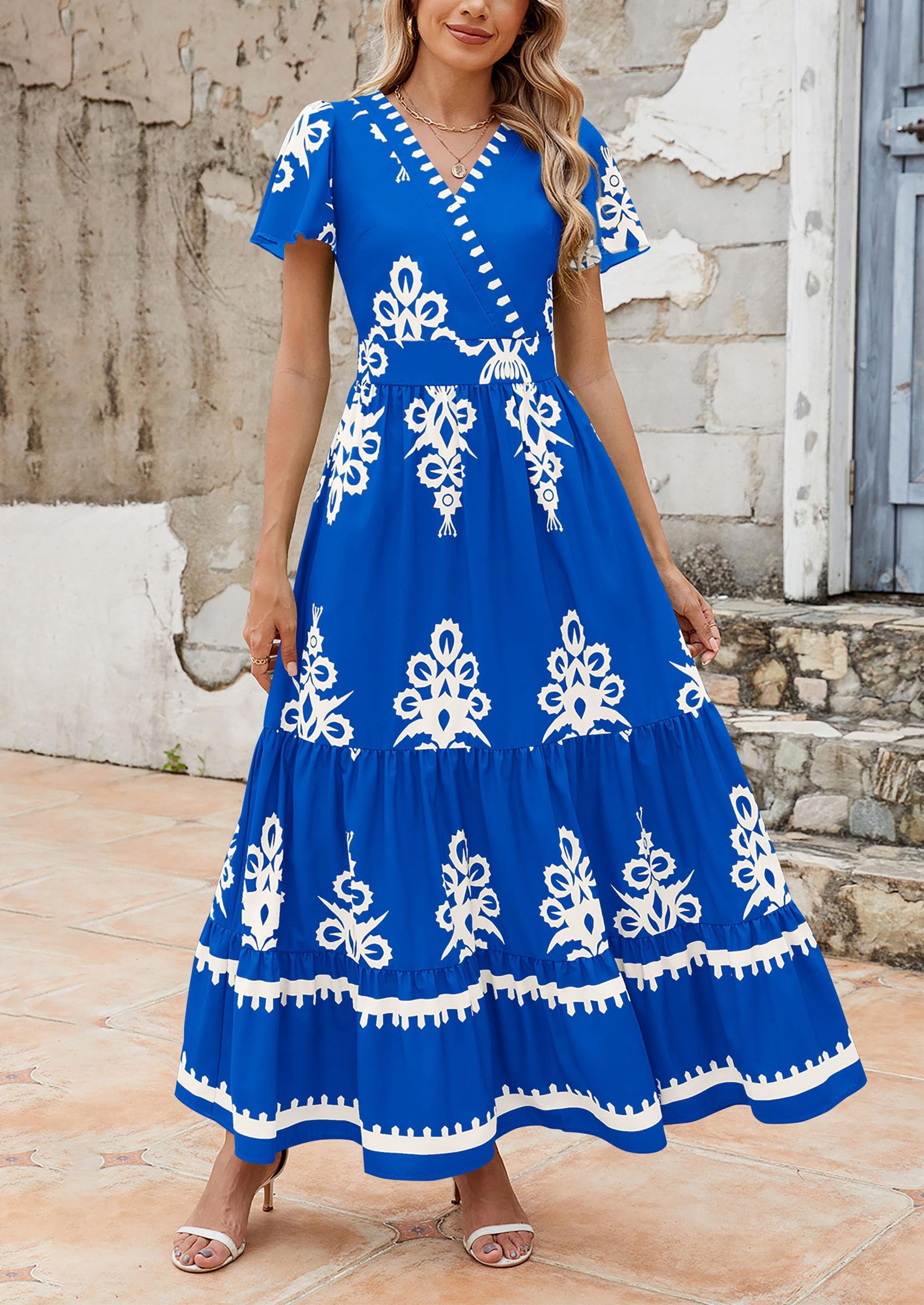 Floral Casual V neck Bohemian Maxi Dress with Pocket