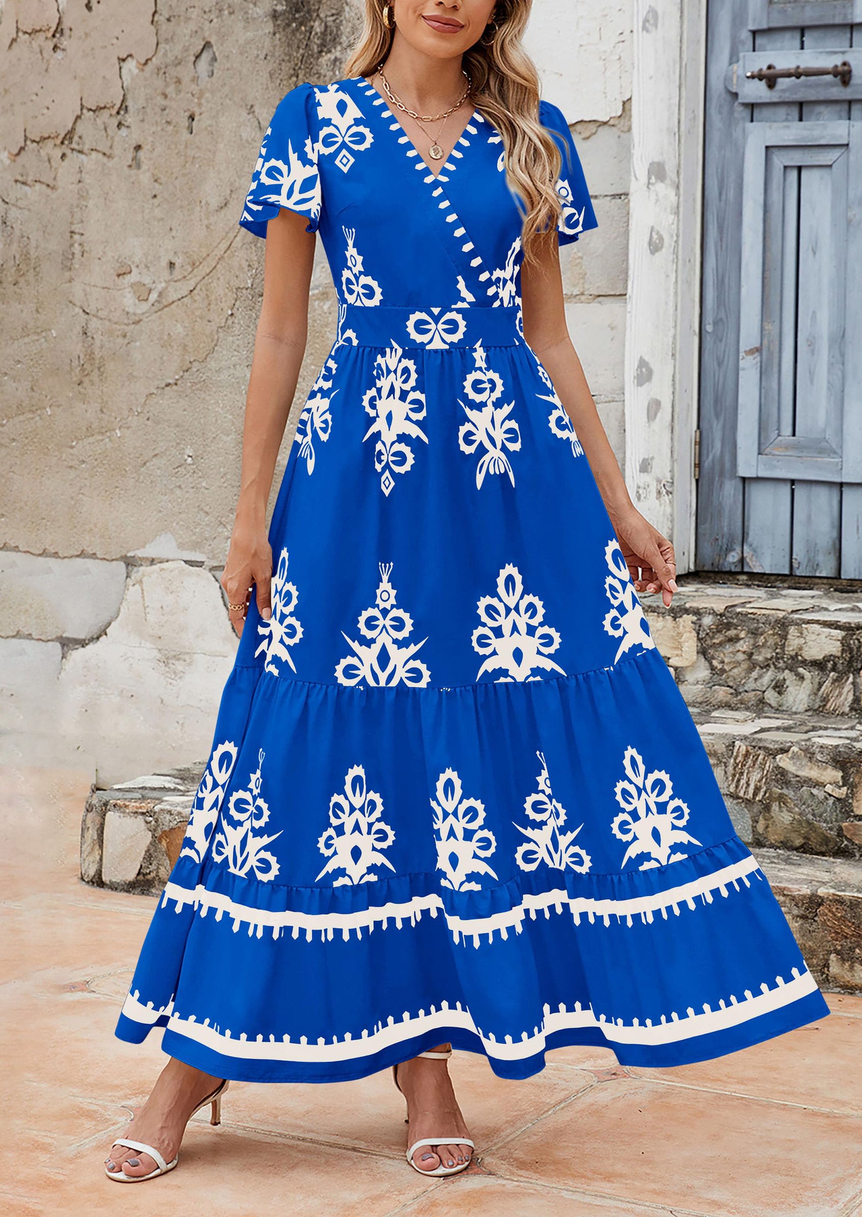 Floral Casual V neck Bohemian Maxi Dress with Pocket