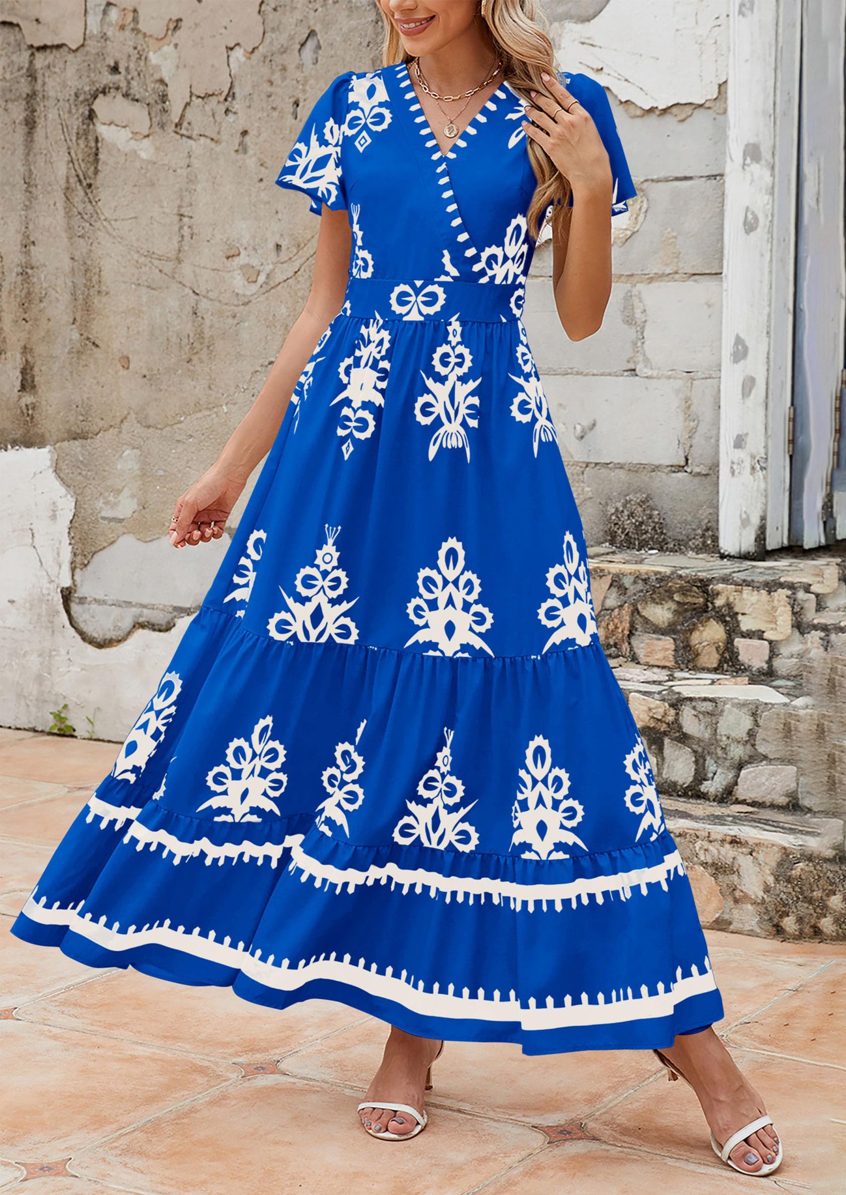 Floral Casual V neck Bohemian Maxi Dress with Pocket