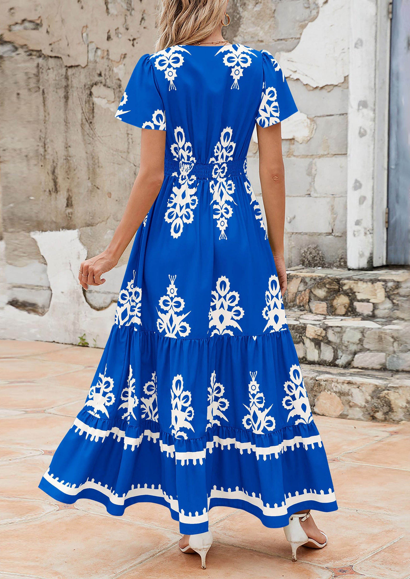 Floral Casual V neck Bohemian Maxi Dress with Pocket