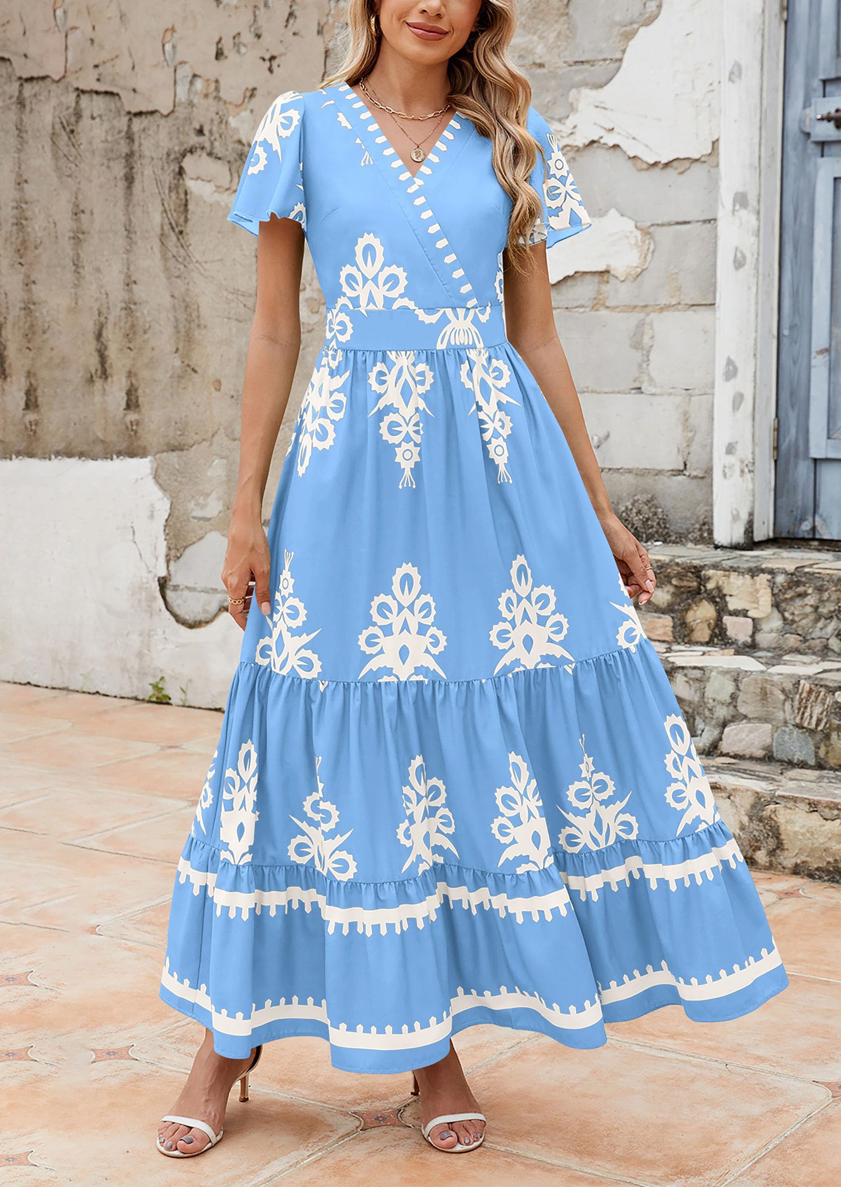 Floral Casual V neck Bohemian Maxi Dress with Pocket