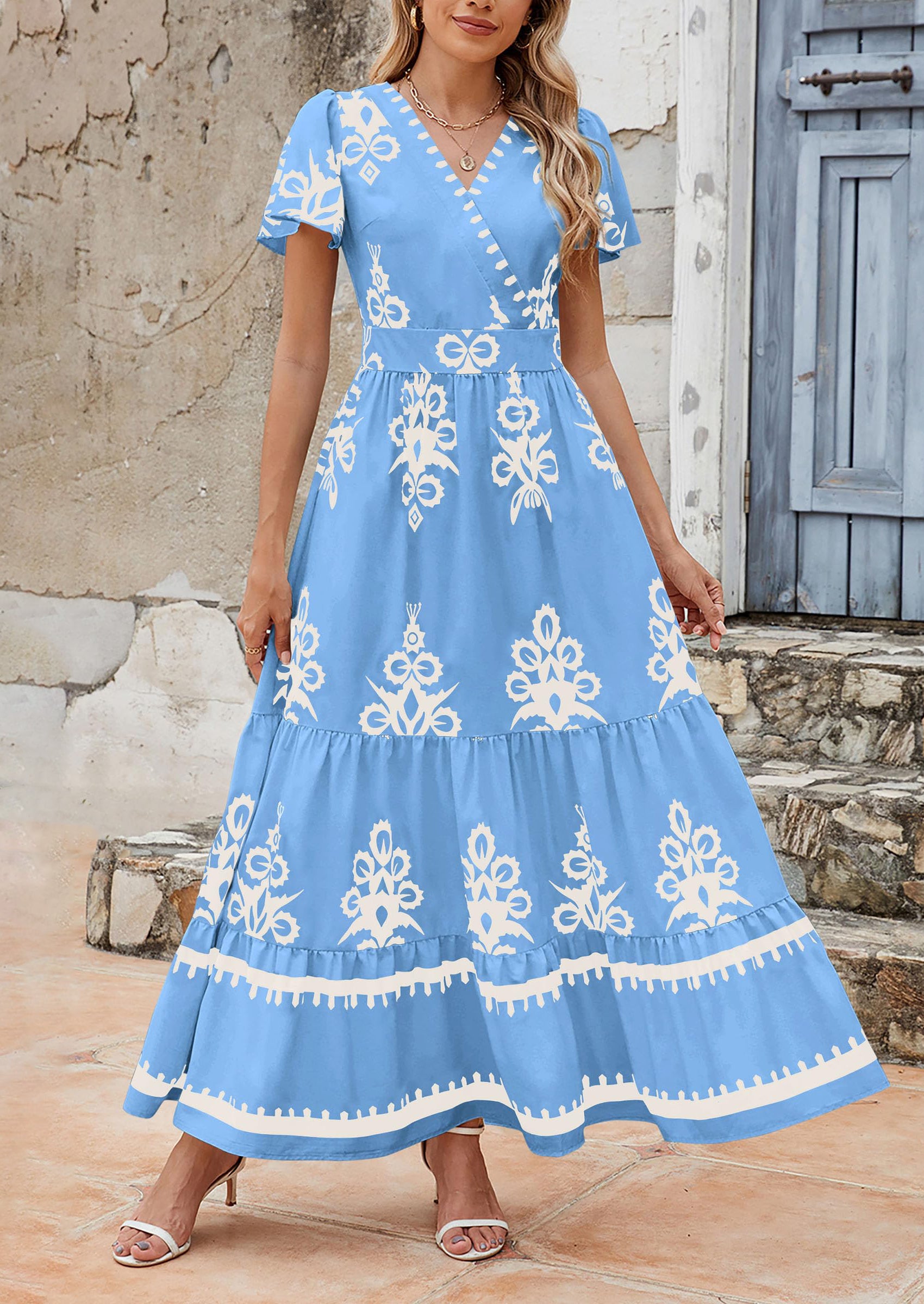 Floral Casual V neck Bohemian Maxi Dress with Pocket