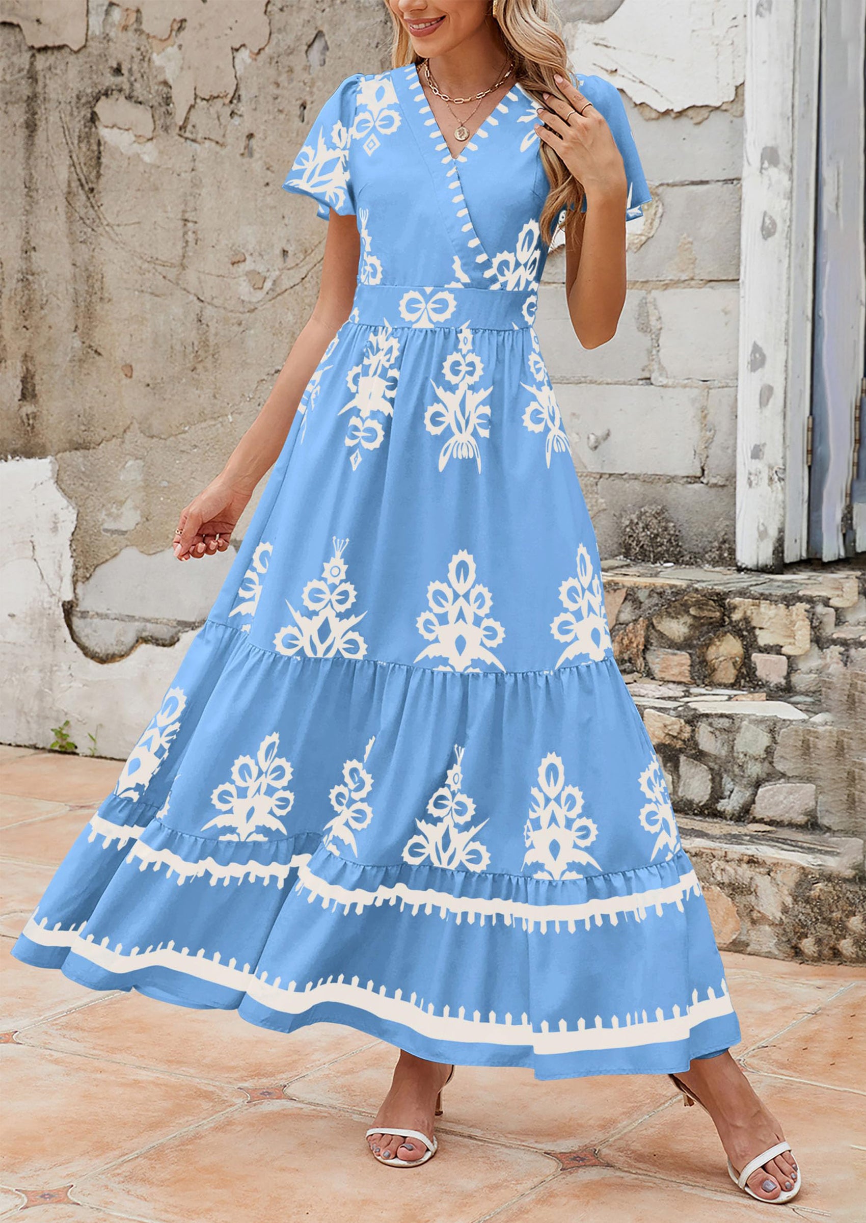 Floral Casual V neck Bohemian Maxi Dress with Pocket