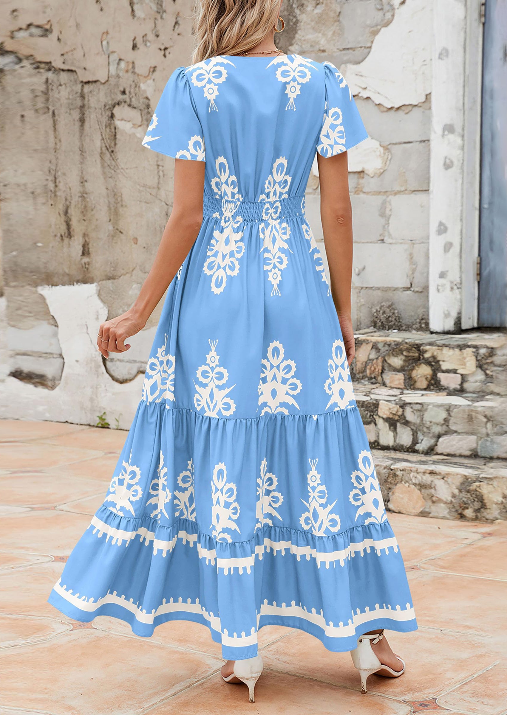 Floral Casual V neck Bohemian Maxi Dress with Pocket