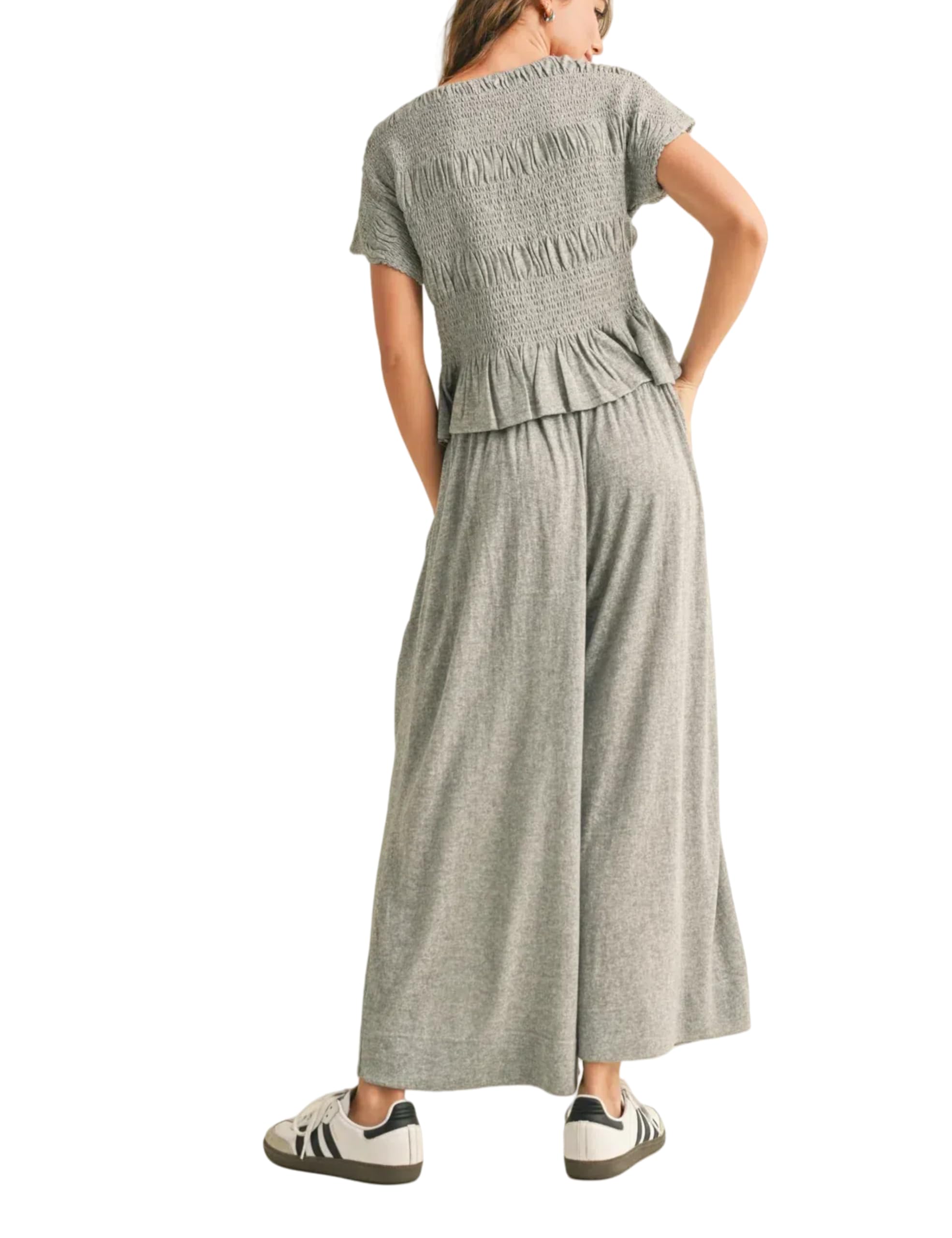 Casual Smocked Peplum Top and Wide-Leg Pants Two Piece Set (Buy 2 Free Shipping)