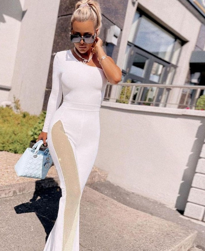 One Shoulder One Mesh Flare Jumpsuits