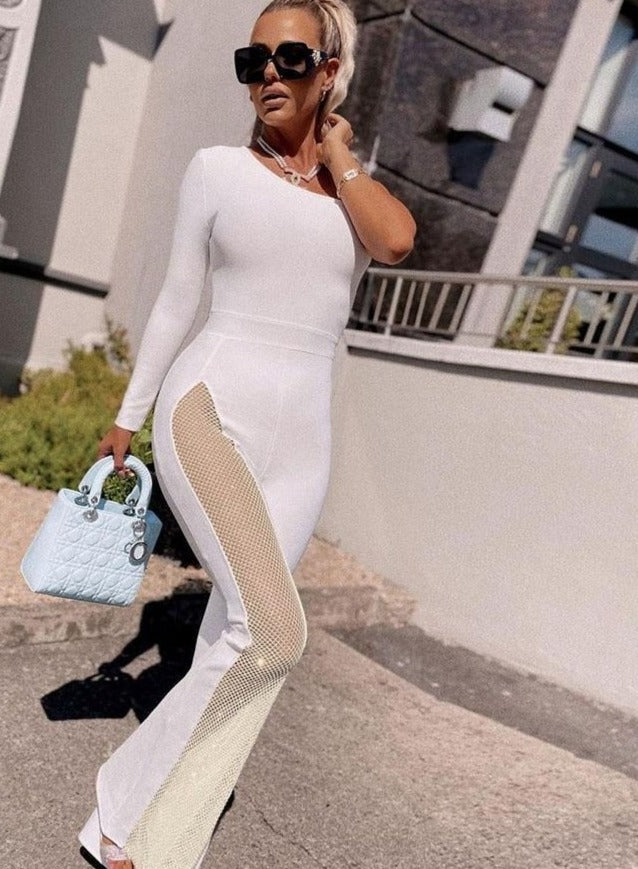 One Shoulder One Mesh Flare Jumpsuits