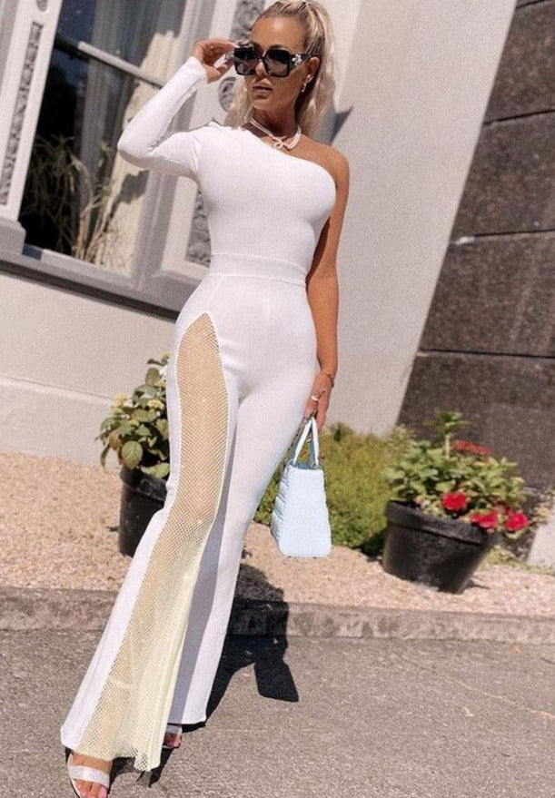 One Shoulder One Mesh Flare Jumpsuits