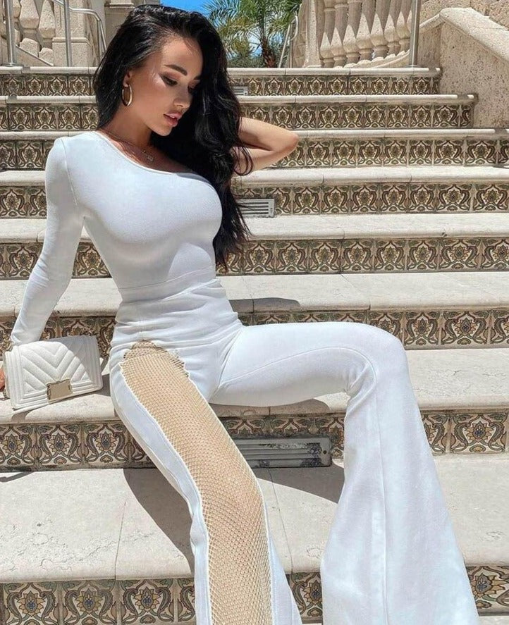 One Shoulder One Mesh Flare Jumpsuits