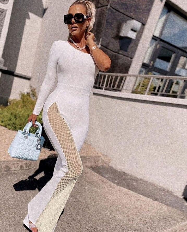 One Shoulder One Mesh Flare Jumpsuits