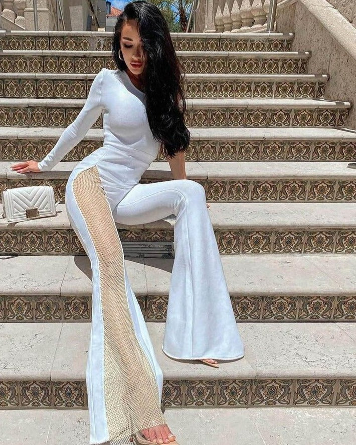 One Shoulder One Mesh Flare Jumpsuits