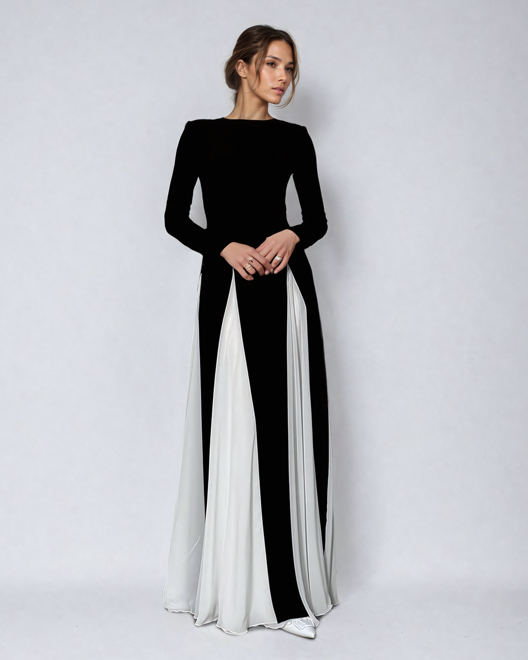 Elegant Panelled Tulle Long Sleeve A-line Maxi Dress (Buy 2 Free Shipping)