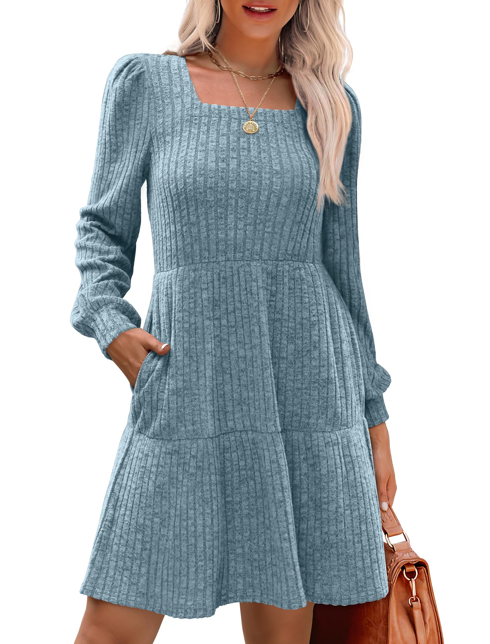 Limited time sale🔥Women's Square Neck Lantern Sleeve Ribbed Dress(Buy 2 Free Shipping)
